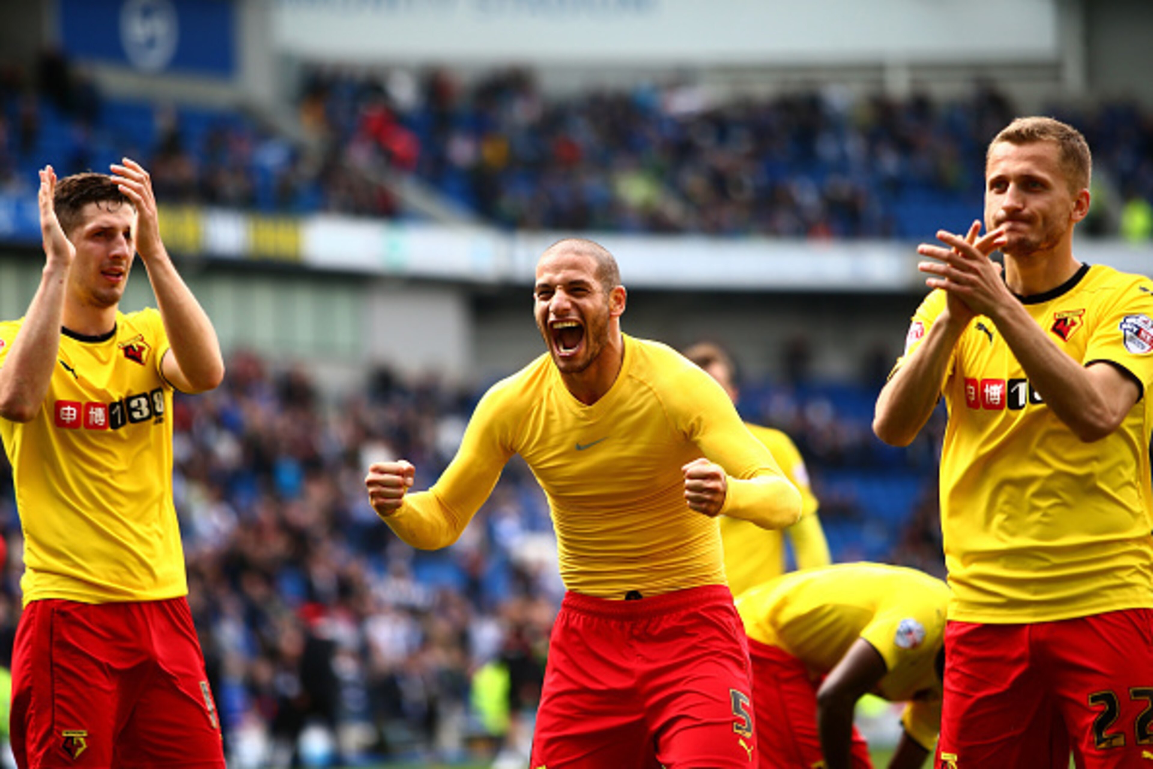 BRIGHTON, ENGLAND - APRIL 25:  Adlene Guedioura of Watford (C) celebrates winning after the match during the Sky Bet Championship match between Brighton & Hove Albion and Watford at Amex Stadium on April 25, 2015 in Brighton, England.  (Photo by Jordan Ma