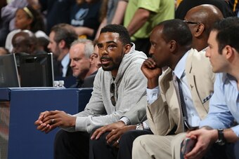MEMPHIS, TN - APRIL 29:  Mike Conley #11 of the Memphis Grizzlies sits on the bench against the Portland Trail Blazers in Game Five of the Western Conference Quarterfinals of the NBA Playoffs at FedExForum on April 29, 2015 in Memphis, Tennessee. NOTE TO 