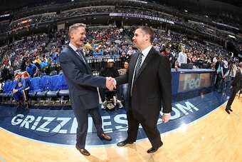 MEMPHIS, TN - MARCH 27:  Head Coach Steve Kerr of the Golden State Warriors shakes hands with Head Coach David Joerger of the Memphis Grizzlies before the game on March 27, 2015 at FedExForum in Memphis, Tennessee. NOTE TO USER: User expressly acknowledge