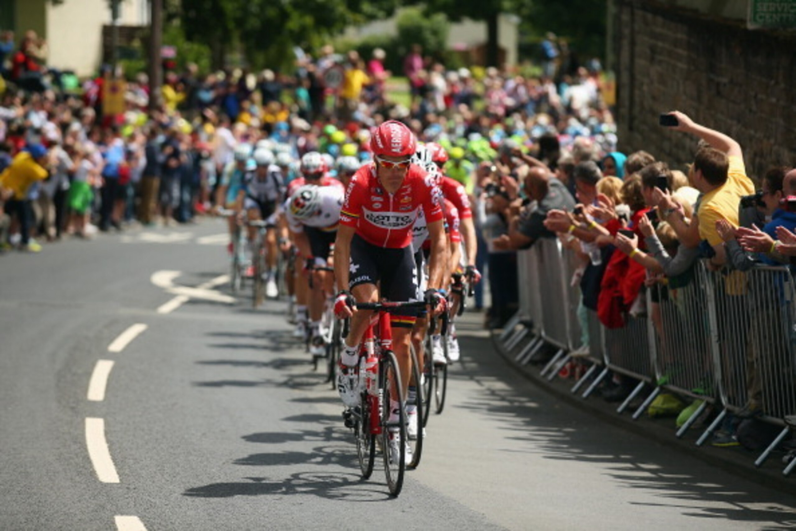 HARROGATE, ENGLAND - JULY 05: Lars Ytting Bak of Denmark and and Lotto-Belisol leads the group during the first stage of the 2014 Tour de France, a 190km stage between Leeds and Harrogate, on July 5, 2014 in Harrogate, England. (Photo by Bryn Lennon/Getty