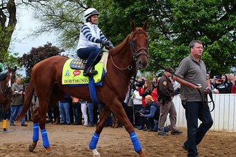 LOUISVILLE, KY - APRIL 30:  Dortmund heads out to the track for morning workouts for the Kentucky Derby at Churchill Downs on April 30, 2015 in Louisville, Kentucky.  (Photo by Elsa/Getty Images)