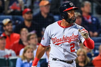 ATLANTA, GA - APRIL 29: Denard Span #2 of the Washington Nationals hits a three-run home run during the ninth inning against the Atlanta Braves at Turner Field on April 29, 2015 in Atlanta, Georgia.  (Photo by Daniel Shirey/Getty Images)