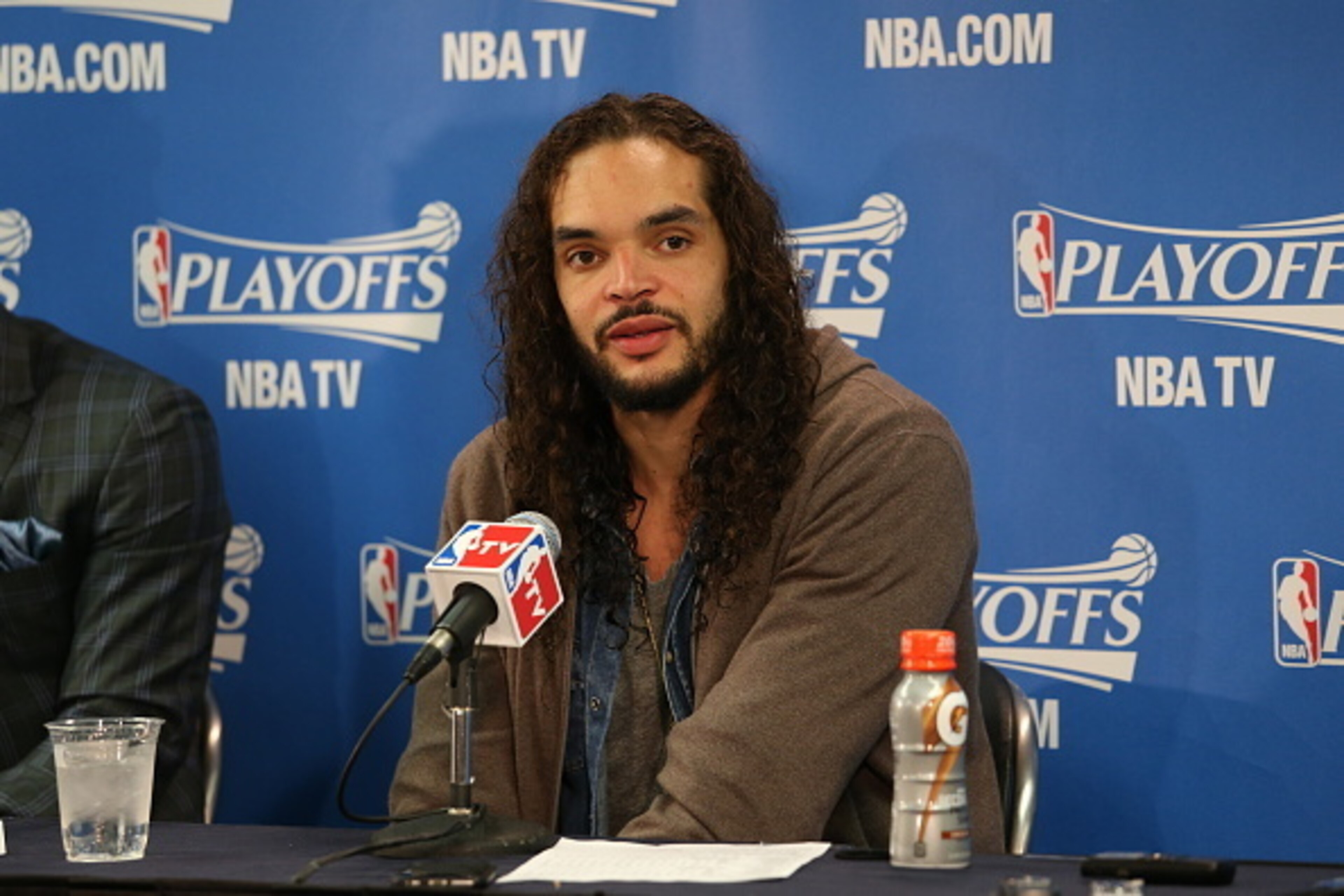 CHICAGO, IL - APRIL 20:  Joakim Noah #13 of the Chicago Bulls speaks to the media after Game Two of the Eastern Conference Quarterfinals against the Milwaukee Bucks during the NBA Playoffs on April 20, 2015 at the United Center in Chicago, Illinois. NOTE 