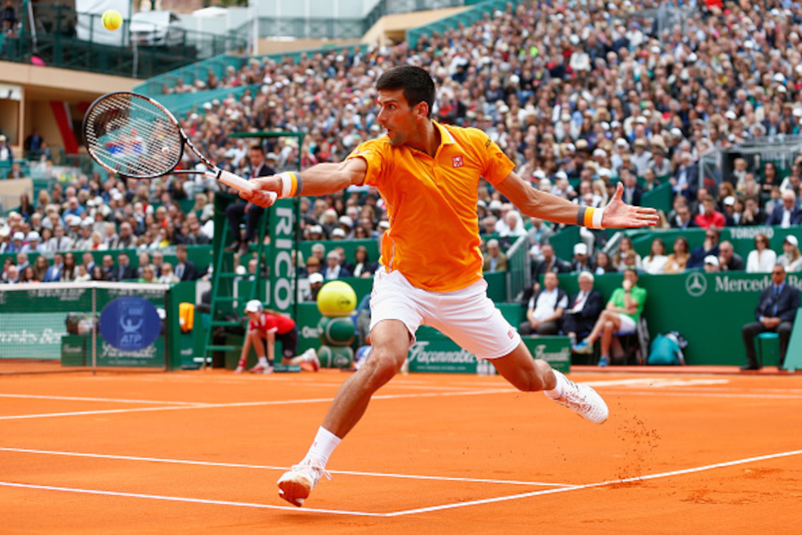 MONTE-CARLO, MONACO - APRIL 19:  Novak Djokovic of Serbia in action against Tomas Berdych of Czech Republic in the final during day eight of the Monte Carlo Rolex Masters tennis at the Monte-Carlo Sporting Club on April 19, 2015 in Monte-Carlo, Monaco.  (