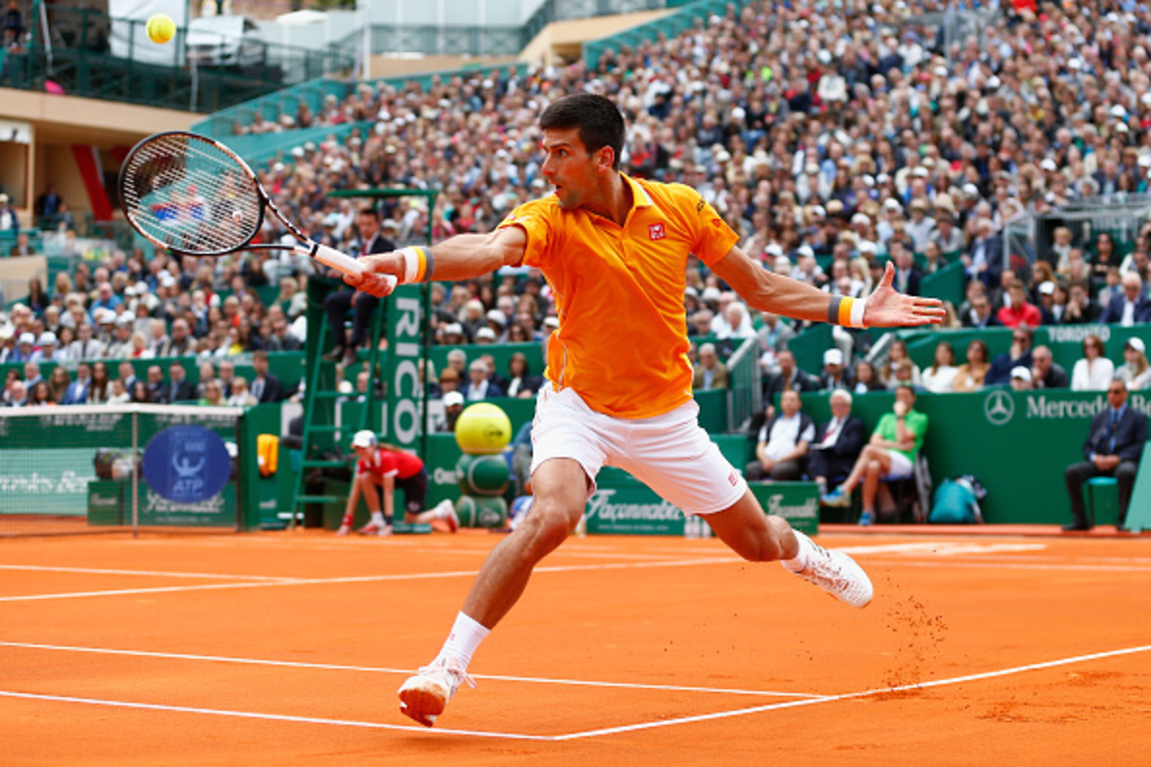 MONTE-CARLO, MONACO - APRIL 19: Novak Djokovic of Serbia in action against Tomas Berdych of Czech Republic in the final during day eight of the Monte Carlo Rolex Masters tennis at the Monte-Carlo Sporting Club on April 19, 2015 in Monte-Carlo, Monaco. ( MONTE-CARLO, MONACO - APRIL 19: Novak Djokovic of Serbia in action against Tomas Berdych of Czech Republic in the final during day eight of the Monte Carlo Rolex Masters tennis at the Monte-Carlo Sporting Club on April 19, 2015 in Monte-Carlo, Monaco. (