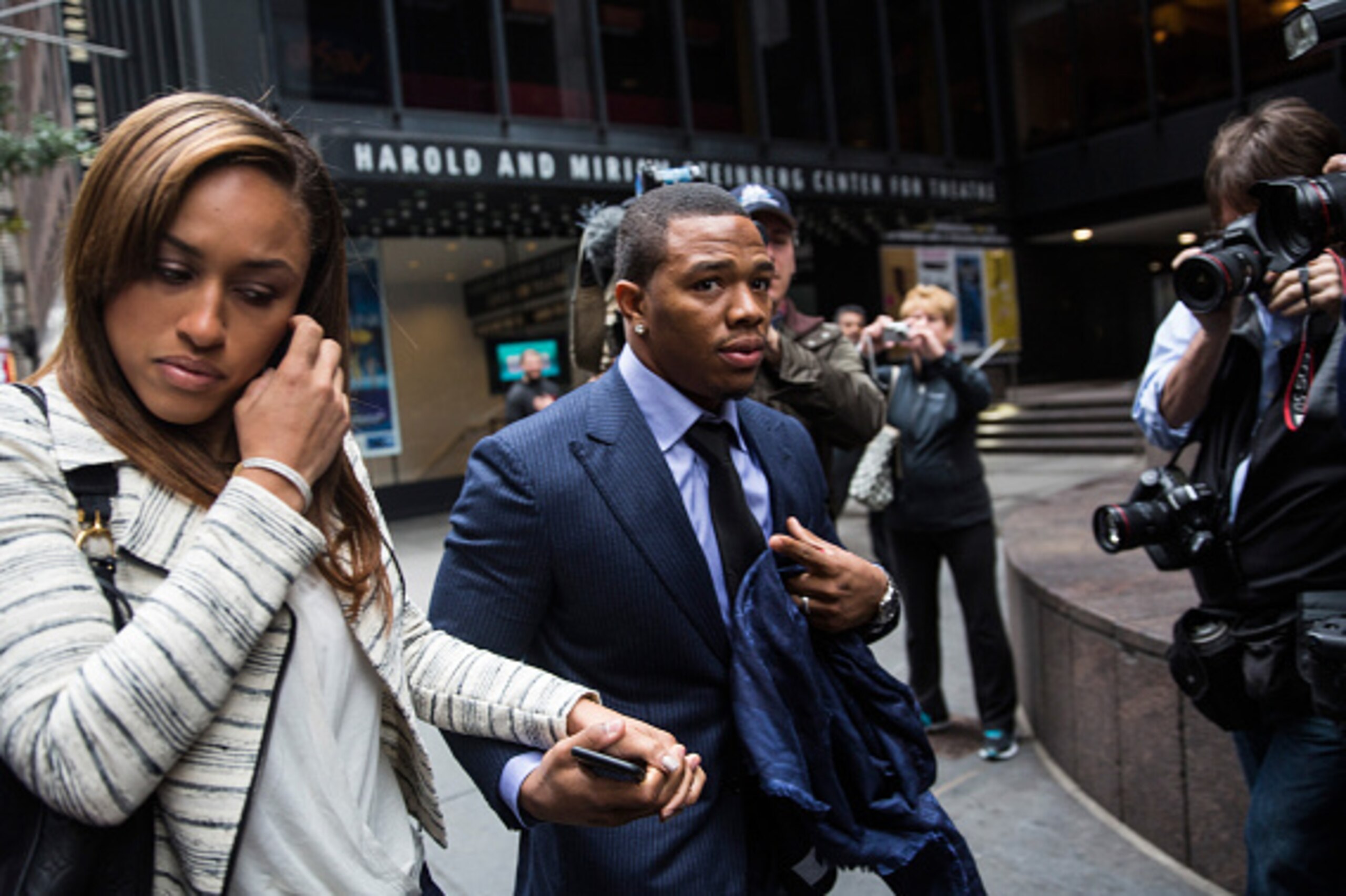 NEW YORK, NY - NOVEMBER 05: Suspended Baltimore Ravens football player Ray Rice (R) and his wife Janay Palmer arrive for a hearing on November 5, 2014 in New York City. Rice is fighting his suspension after being caught beating his wife in an Atlantic Cit