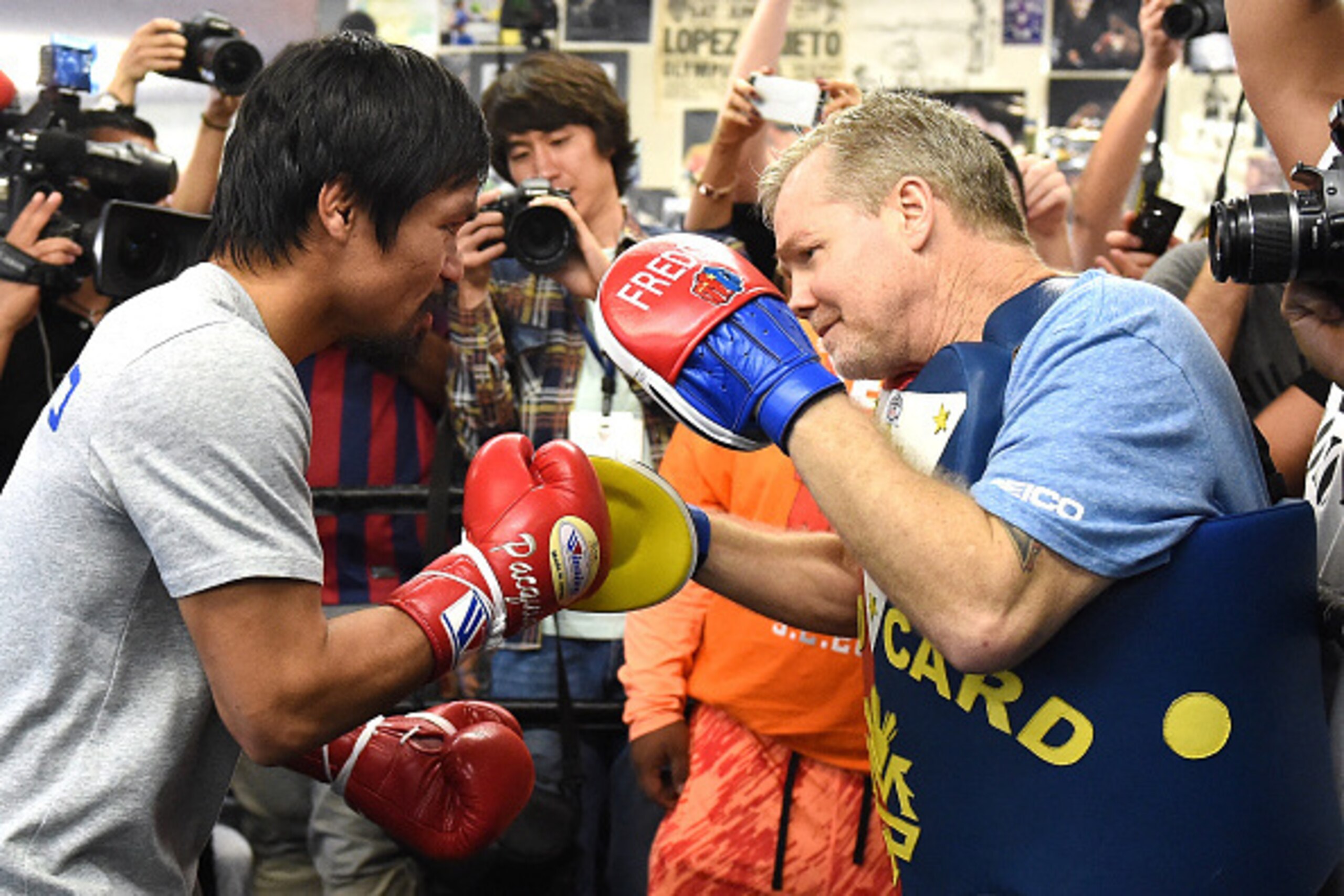 LOS ANGELES, CA - APRIL 15:  Manny Pacquiao trains with Freddie Roach in preparation for his fight against Floyd Mayweather Jr. at Wild Card Boxing Club on April 15, 2015 in Los Angeles, California.  (Photo by Harry How/Getty Images)