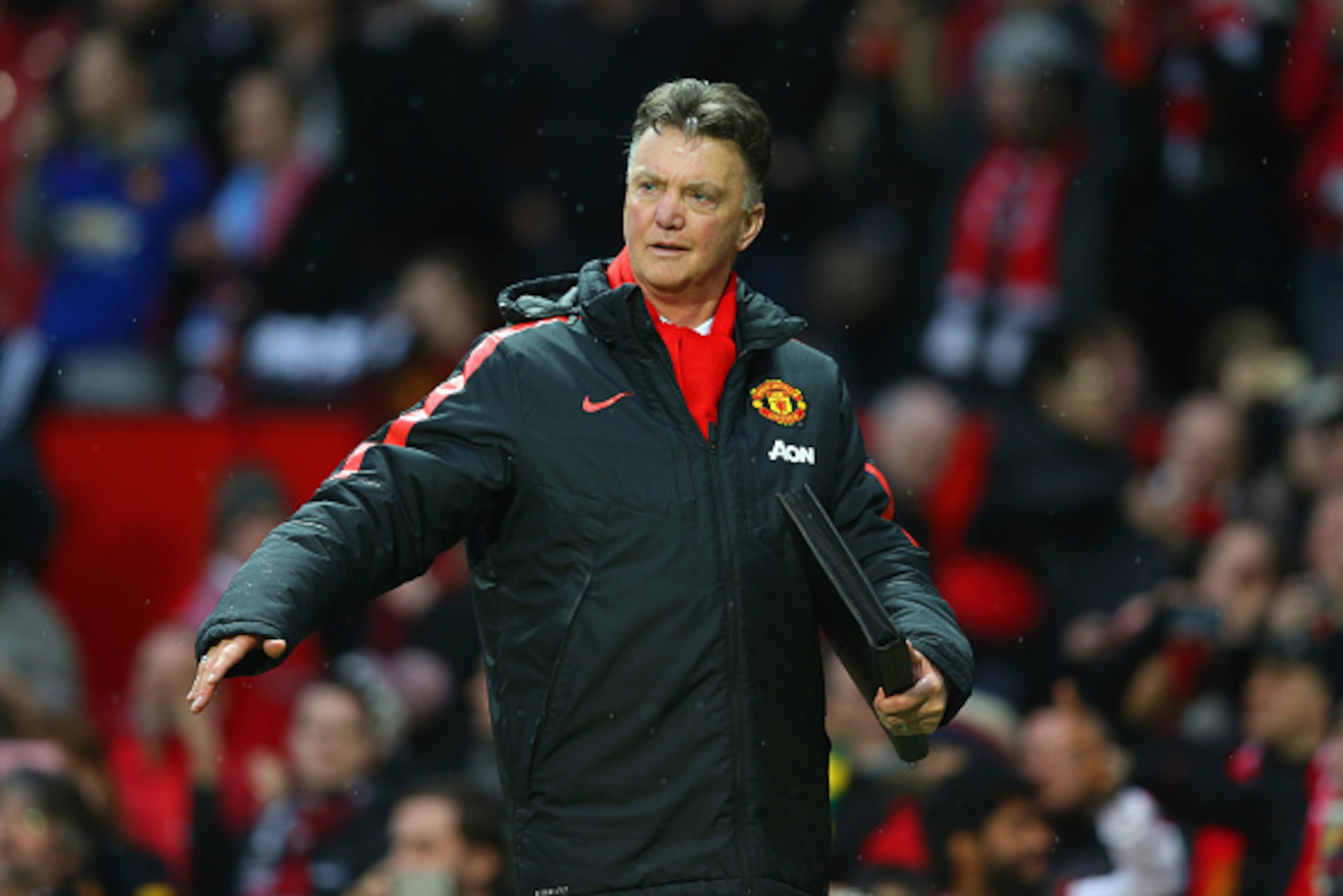 MANCHESTER, ENGLAND - FEBRUARY 28: Manager Louis van Gaal of Manchester United smiles after the Barclays Premier League match between Manchester United and Sunderland at Old Trafford on February 28, 2015 in Manchester, England.  (Photo by Alex Livesey/Get