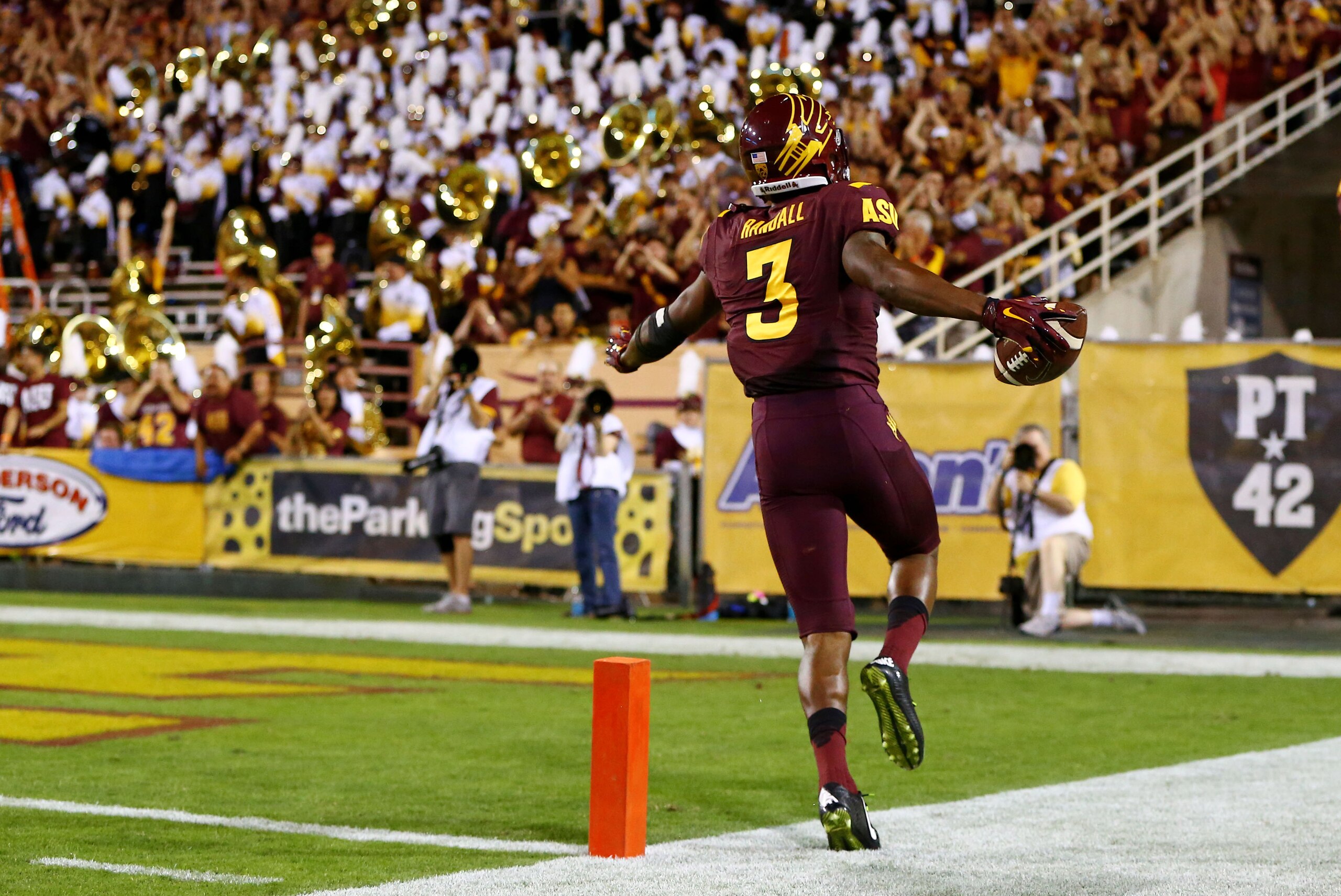 Oct 18, 2014; Tempe, AZ, USA; Arizona State Sun Devils defensive back Damarious Randall (3) celebrates after recovering a muffed punt by the Stanford Cardinal in the second quarter at Sun Devil Stadium. Mandatory Credit: Mark J. Rebilas-USA TODAY Sports