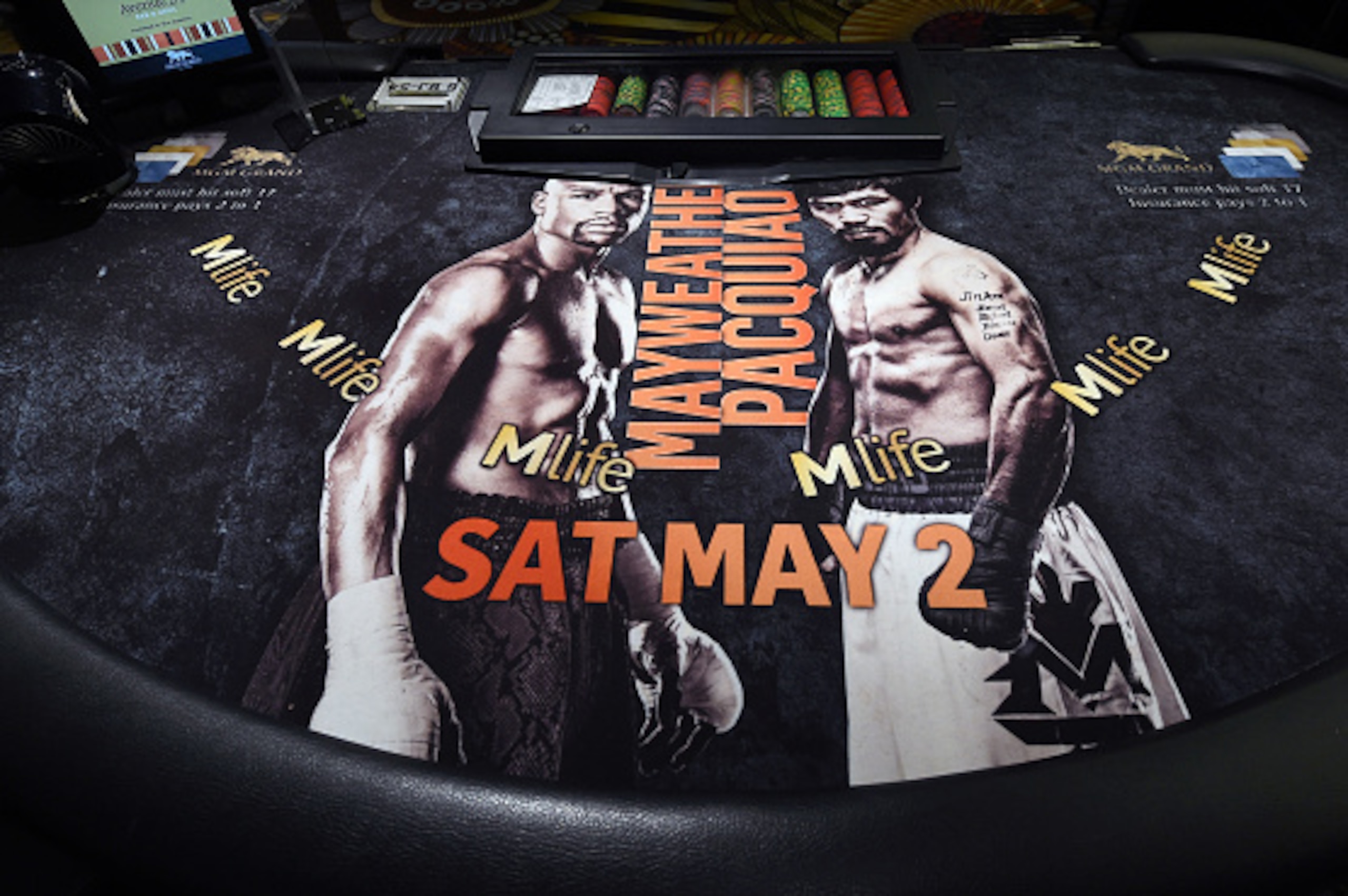 LAS VEGAS, NV - APRIL 29:  The felt covering on a blackjack table at MGM Grand Hotel & Casino advertises the upcoming fight between WBC/WBA welterweight champion Floyd Mayweather Jr. and WBO welterweight champion Manny Pacquiao on April 29, 2015 in Las Ve