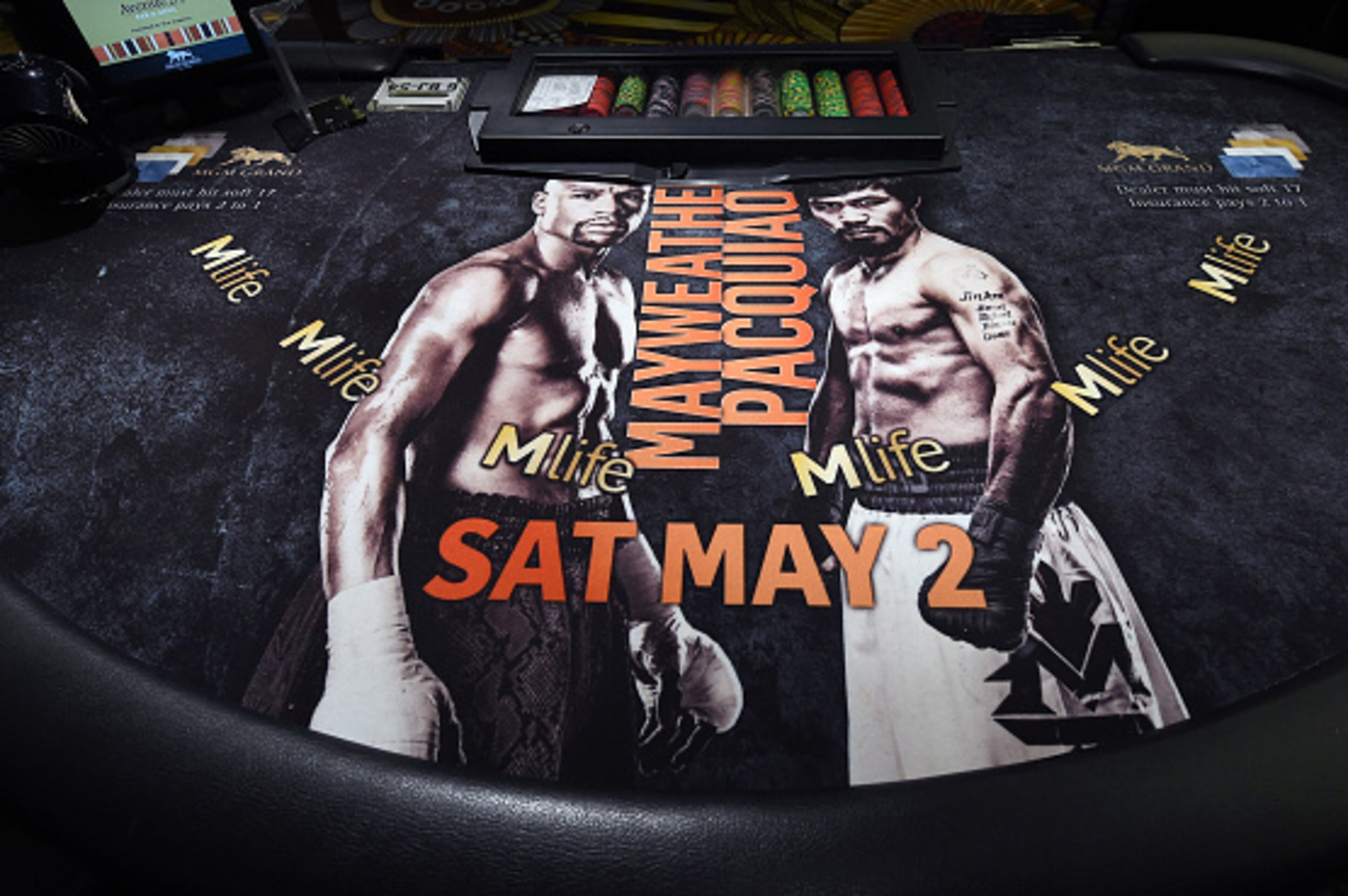 LAS VEGAS, NV - APRIL 29:  The felt covering on a blackjack table at MGM Grand Hotel & Casino advertises the upcoming fight between WBC/WBA welterweight champion Floyd Mayweather Jr. and WBO welterweight champion Manny Pacquiao on April 29, 2015 in Las Ve