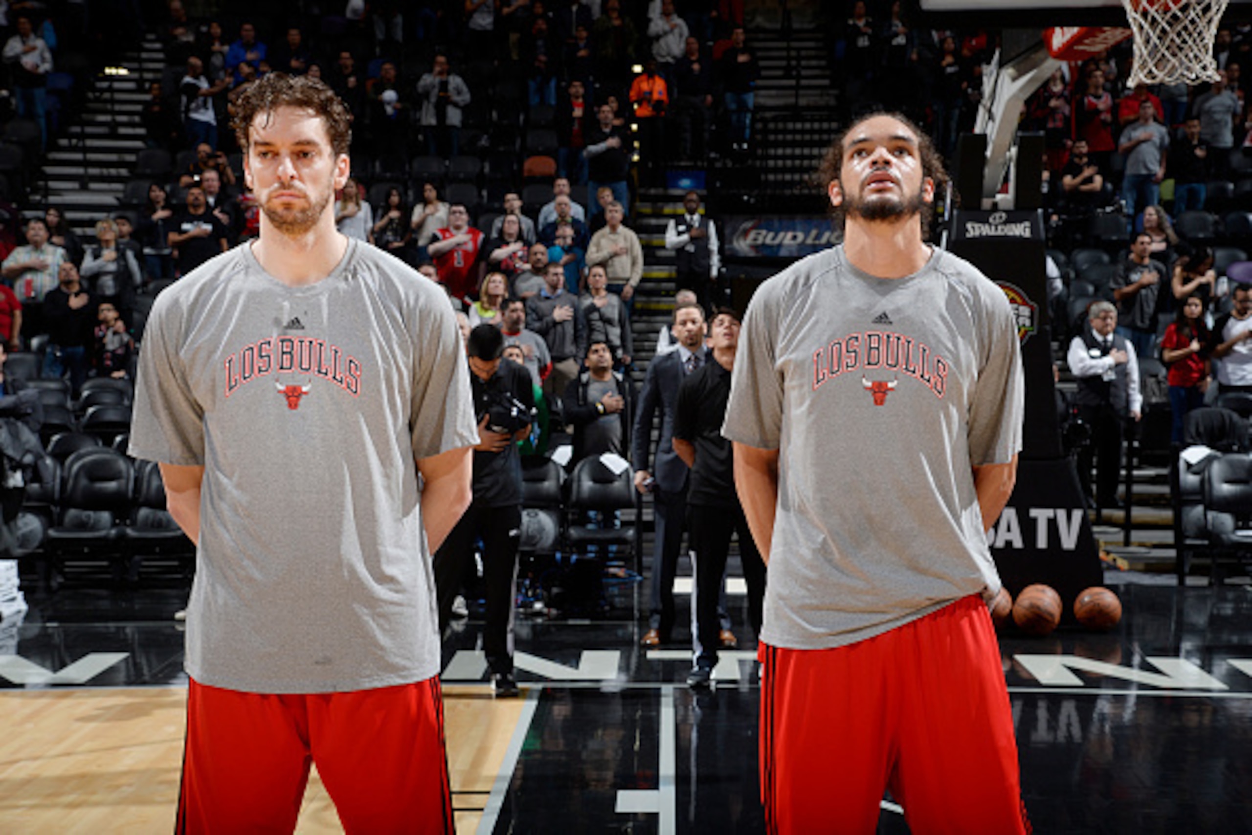 SAN ANTONIO, TX - MARCH 8: Pau Gasol #16 and Joakim Noah #13 of the Chicago Bulls before the game against the San Antonio Spurs on March 8, 2015 at AT&T Center in San Antonio, Texas. NOTE TO USER: User expressly acknowledges and agrees that, by downloadin SAN ANTONIO, TX - MARCH 8: Pau Gasol #16 and Joakim Noah #13 of the Chicago Bulls before the game against the San Antonio Spurs on March 8, 2015 at AT&T Center in San Antonio, Texas. NOTE TO USER: User expressly acknowledges and agrees that, by downloadin