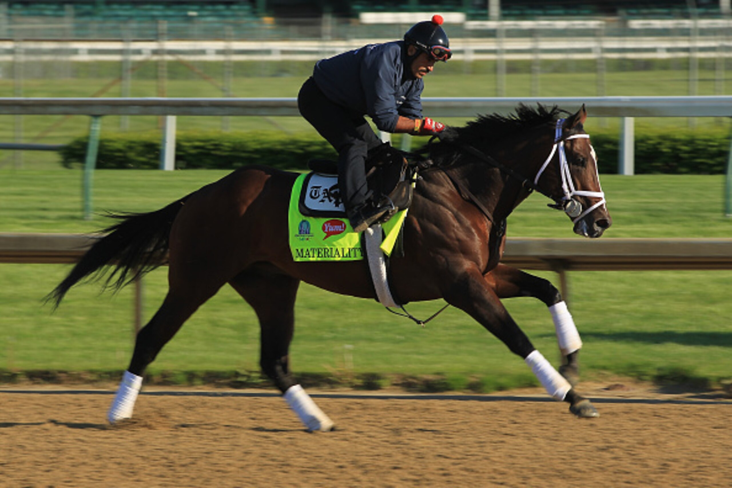 LOUISVILLE, KY - APRIL 27:  Materiality runs on the track during the morning training for the Kentucky Derby at Churchill Downs on April 27, 2015 in Louisville, Kentucky.  (Photo by Andy Lyons/Getty Images)