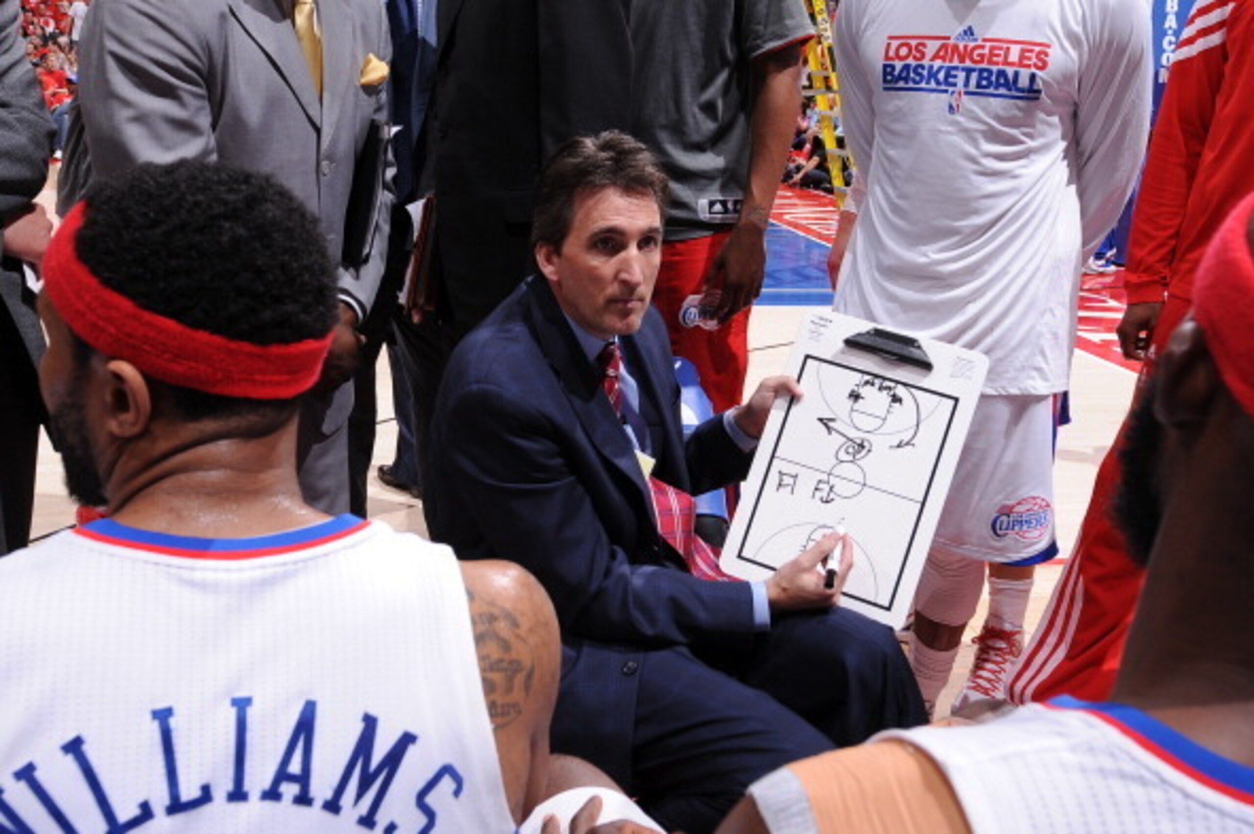 LOS ANGELES, CA - MAY 7: Vinny Del Negro, Head Coach of the Los Angeles Clippers draws up a play against the Memphis Grizzlies in Game Four of the Western Conference Quarterfinals during the 2012 NBA Playoffs at Staples Center on May 7, 2012 in Los Angele