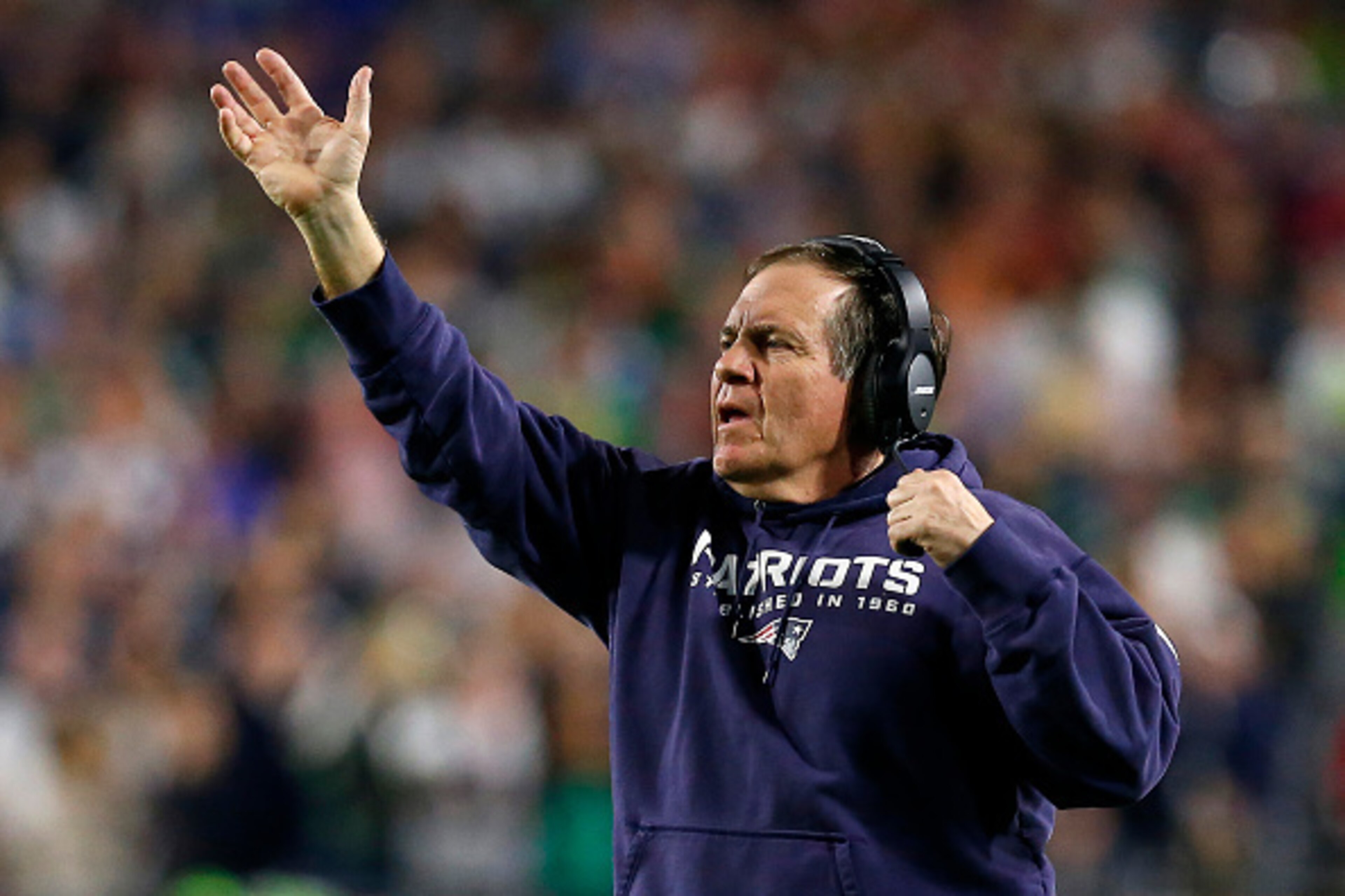 GLENDALE, AZ - FEBRUARY 01: Head coach Bill Belichick of the New England Patriots reacts during Super Bowl XLIX against the Seattle Seahawks at University of Phoenix Stadium on February 1, 2015 in Glendale, Arizona. (Photo by Tom Pennington/Getty Images GLENDALE, AZ - FEBRUARY 01: Head coach Bill Belichick of the New England Patriots reacts during Super Bowl XLIX against the Seattle Seahawks at University of Phoenix Stadium on February 1, 2015 in Glendale, Arizona. (Photo by Tom Pennington/Getty Images