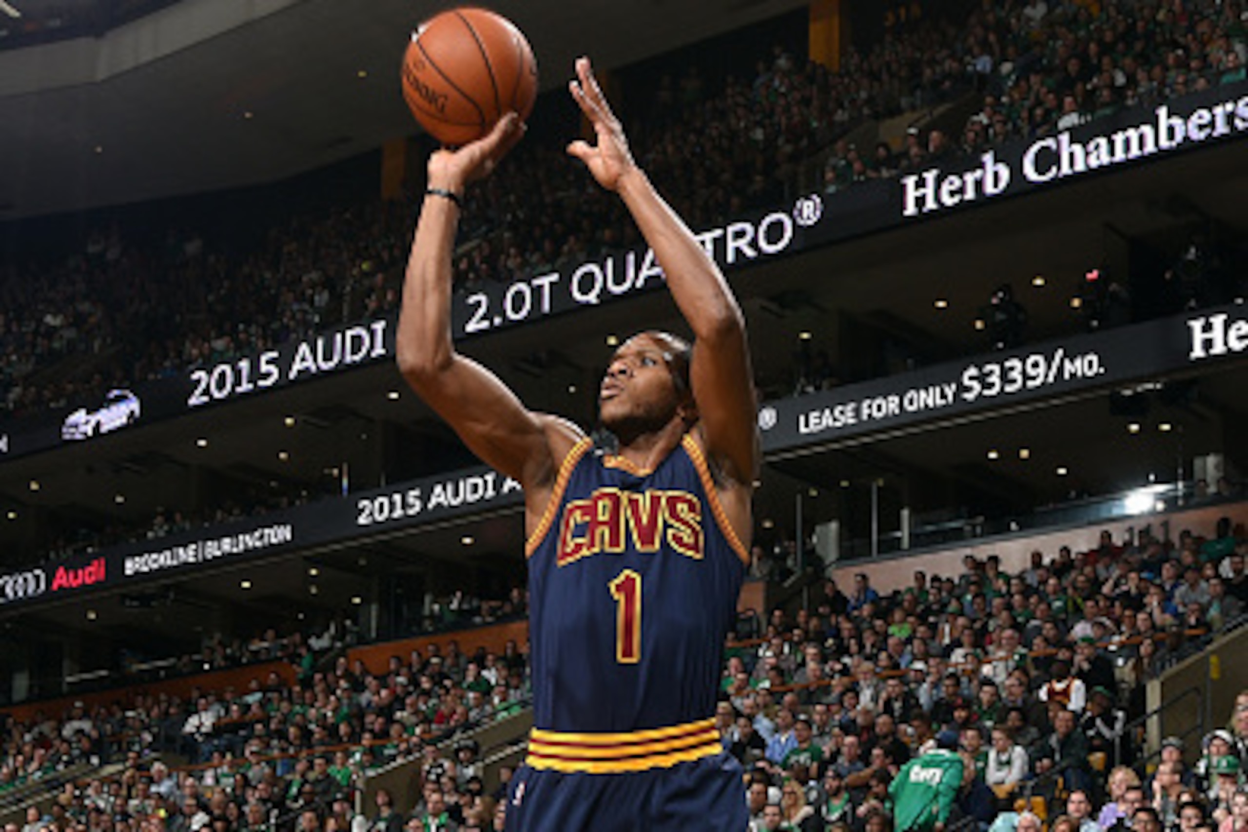 BOSTON, MA - APRIL 26: James Jones #1 of the Cleveland Cavaliers shoots against the Boston Celtics in Game Four of the Eastern Conference Quarterfinals during the 2015 NBA Playoffs on April 26, 2015 at TD Garden in Boston, Massachusetts. NOTE TO USER: Use