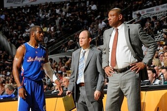 SAN ANTONIO - APRIL 30: Chris Paul #3 Lawerence Frank and head coach Doc Rivers of the Los Angeles Clippers during the game against the San Antonio Spurs in Game Six of the Western Conference Quarterfinals at the AT&T Center on April 30, 2015 in San Anton