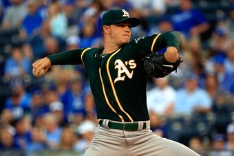 KANSAS CITY, MO - APRIL 17:  Starting pitcher Sonny Gray #54 of the Oakland Athletics pitches during the game against the Kansas City Royals at Kauffman Stadium on April 17, 2015 in Kansas City, Missouri.  (Photo by Jamie Squire/Getty Images)