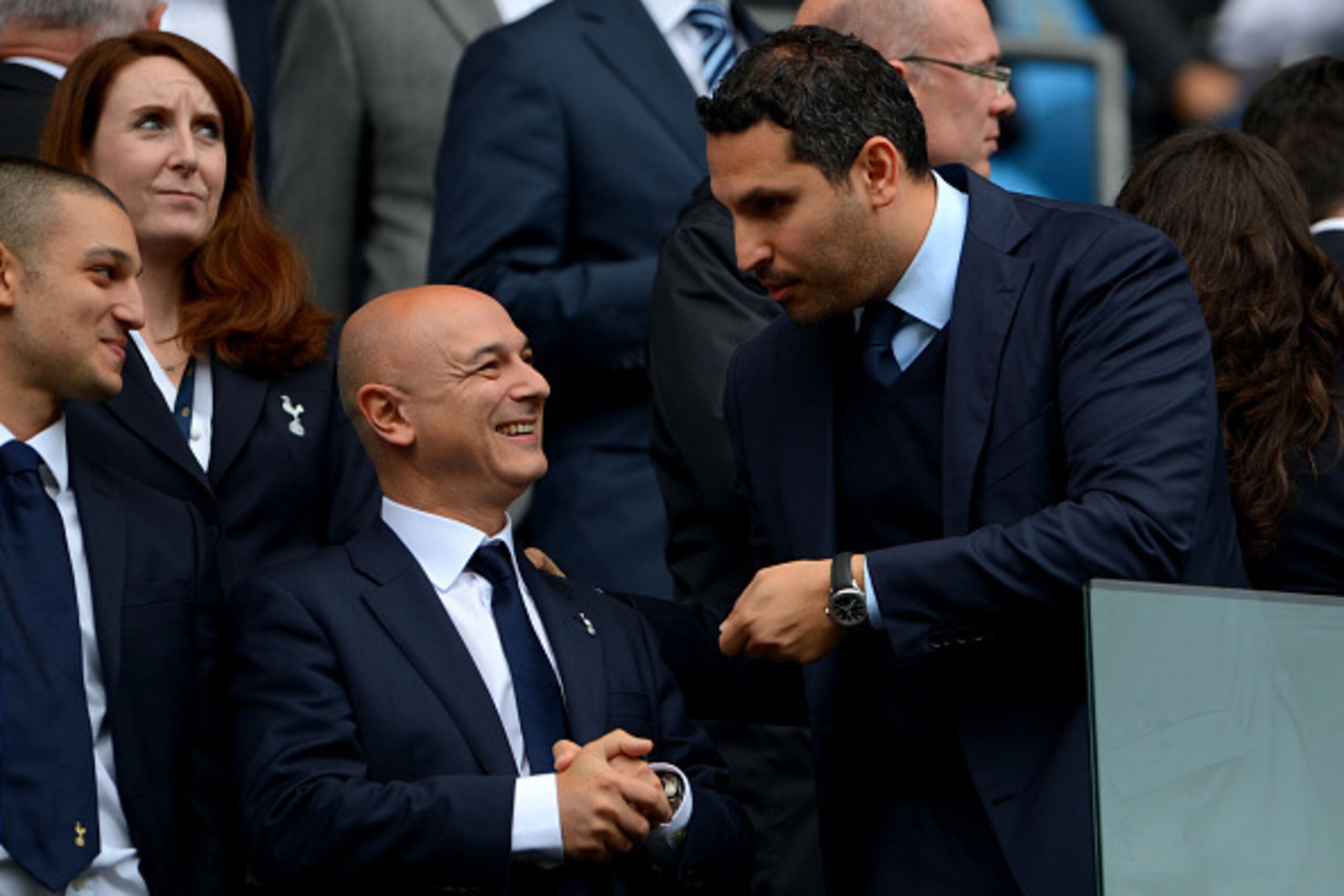 MANCHESTER, ENGLAND - OCTOBER 18:  Tottenham Chairman Daniel Levy chats with Manchester City Chairman Khaldoon Al Mubarek  prior to kickoff during the Barclays Premier League match between Manchester City and Tottenham Hotspur at Etihad Stadium on October
