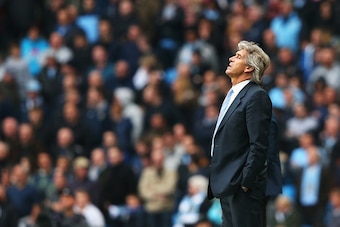 MANCHESTER, ENGLAND - APRIL 25: Manuel Pellegrini, manager of Manchester City looks on during the Barclays Premier League match between Manchester City and Aston Villa at Etihad Stadium on April 25, 2015 in Manchester, England.  (Photo by Alex Livesey/Get