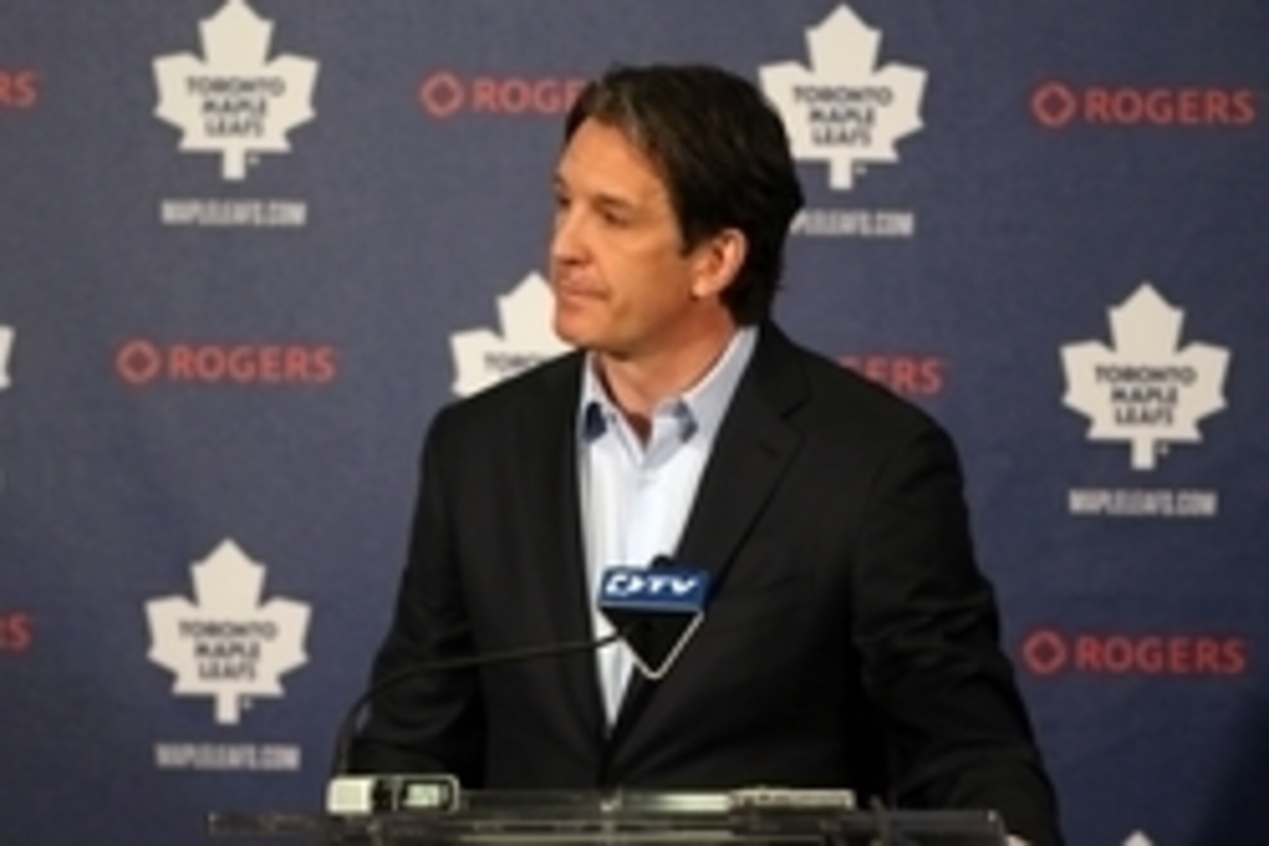 Apr 13, 2015; Toronto, Ontario, Canada; Toronto Maple Leafs president Brendan Shanahan talks to the press during a press conference at Air Canada Centre. Mandatory Credit: Tom Szczerbowski-USA TODAY Sports