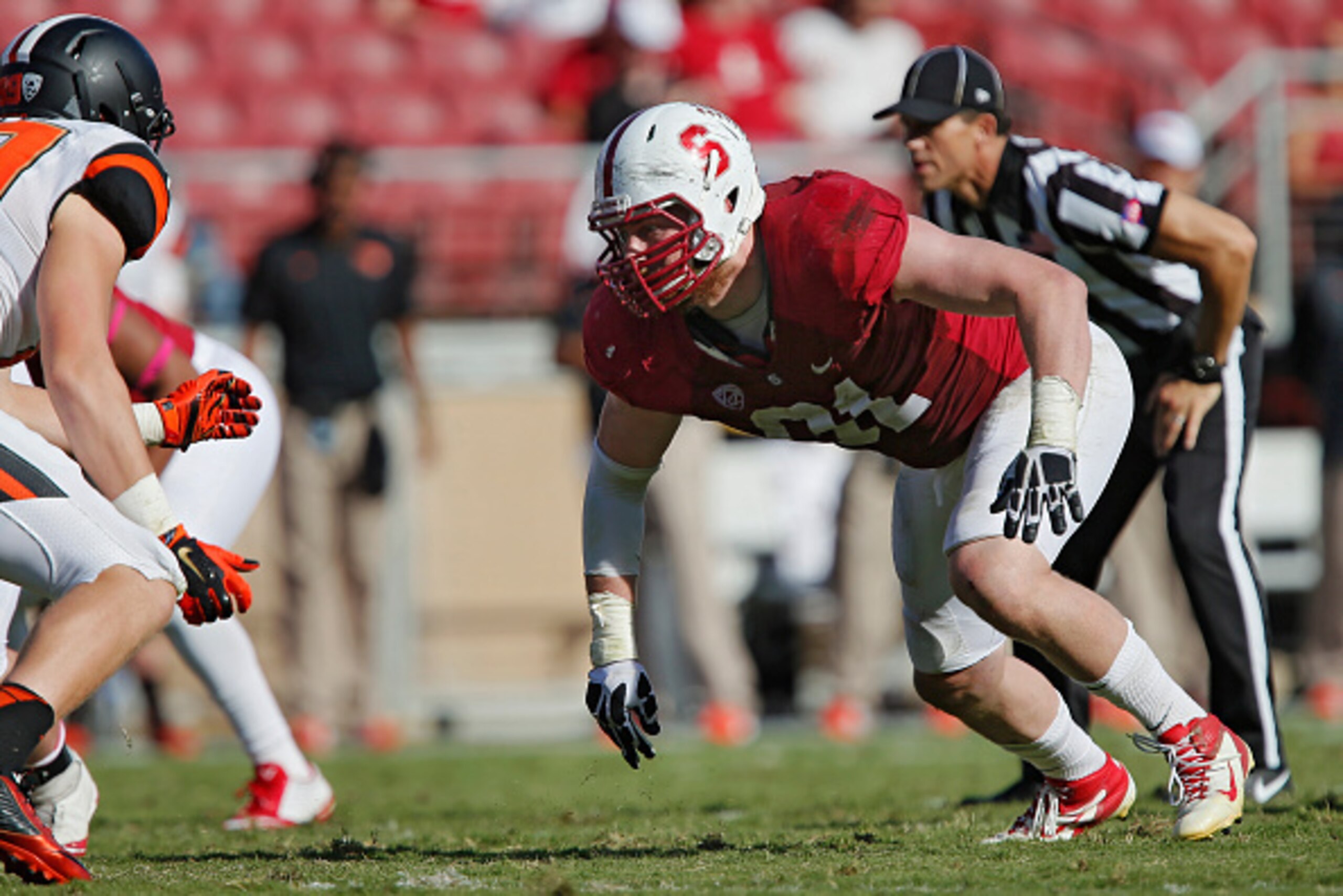 PALO ALTO, CA - OCTOBER 25:  Defensive end Henry Anderson #91 of the Stanford Cardinal rushes against tight end Connor Hamlett #89 of the Oregon State Beavers in the fourth quarter on October 25, 2014 at Stanford Stadium in Palo Alto, California.  Stanfor