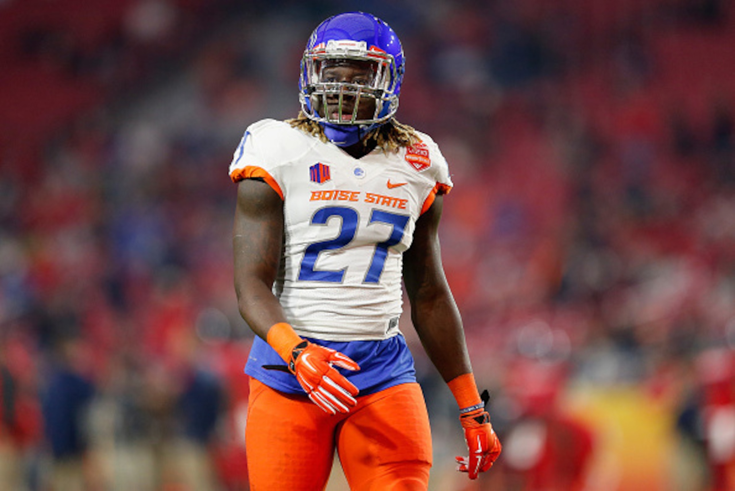 GLENDALE, AZ - DECEMBER 31:  Running back Jay Ajayi #27 of the Boise State Broncos warms up before the Vizio Fiesta Bowl against the Arizona Wildcats at University of Phoenix Stadium on December 31, 2014 in Glendale, Arizona. The Broncos defeated the Wild