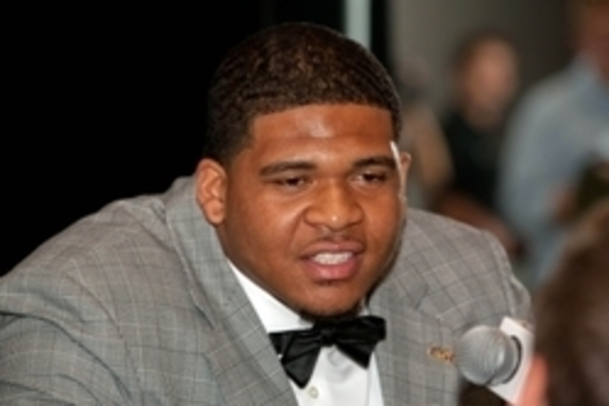 Jul 16, 2014; Hoover, AL, USA; LSU Tigers tackle La'el Collins talks to the media during the SEC Football Media Days at the Wynfrey Hotel. Mandatory Credit: Marvin Gentry-USA TODAY Sports