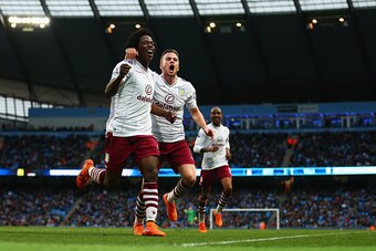 MANCHESTER, ENGLAND - APRIL 25:  Carlos Sanchez of Aston Villa celebrates his goal with Tom Cleverley of Aston Villa during the Barclays Premier League match between Manchester City and Aston Villa at Etihad Stadium on April 25, 2015 in Manchester, Englan