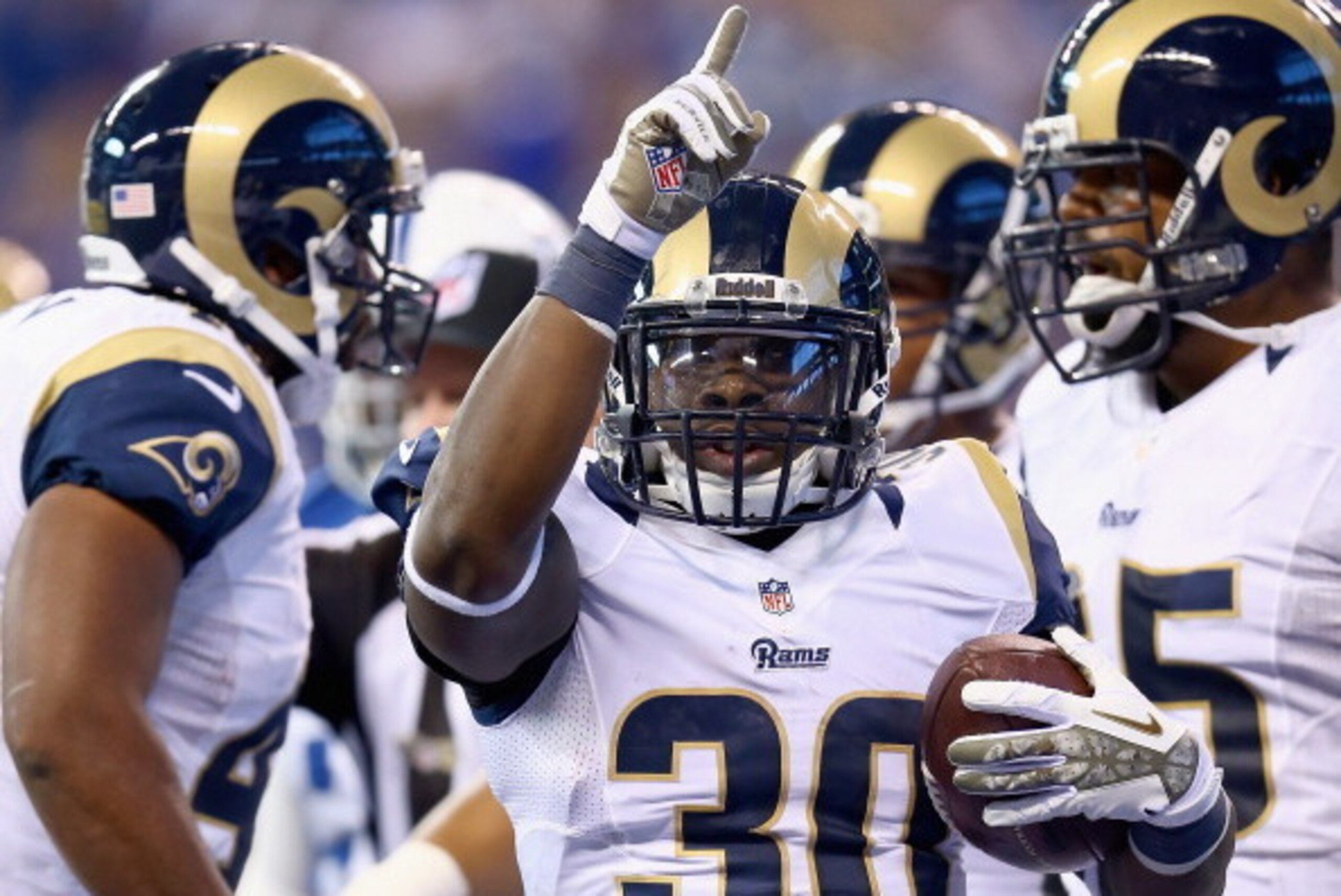 INDIANAPOLIS, IN - NOVEMBER 10:  Zac Stacy #30 of the St. Louis Rams celebrates after scoring a touchdown during the game against the  Indianapolis Colts at Lucas Oil Stadium on November 10, 2013 in Indianapolis, Indiana.  (Photo by Andy Lyons/Getty Image