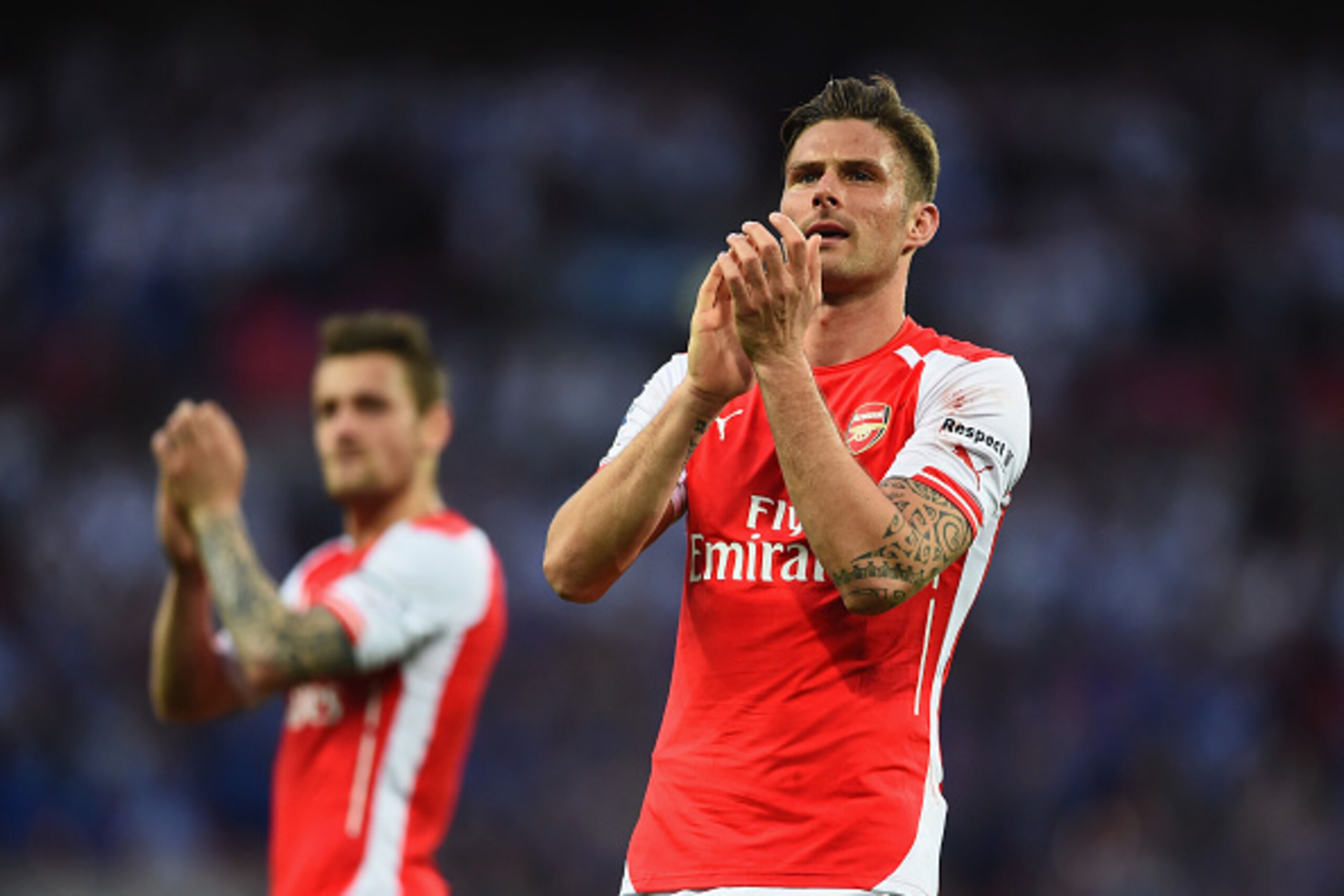LONDON, ENGLAND - APRIL 18:  Olivier Giroud of Arsenal celebrates after the FA Cup Semi Final between Arsenal and Reading at Wembley Stadium on April 18, 2015 in London, England.  (Photo by Laurence Griffiths/Getty Images)