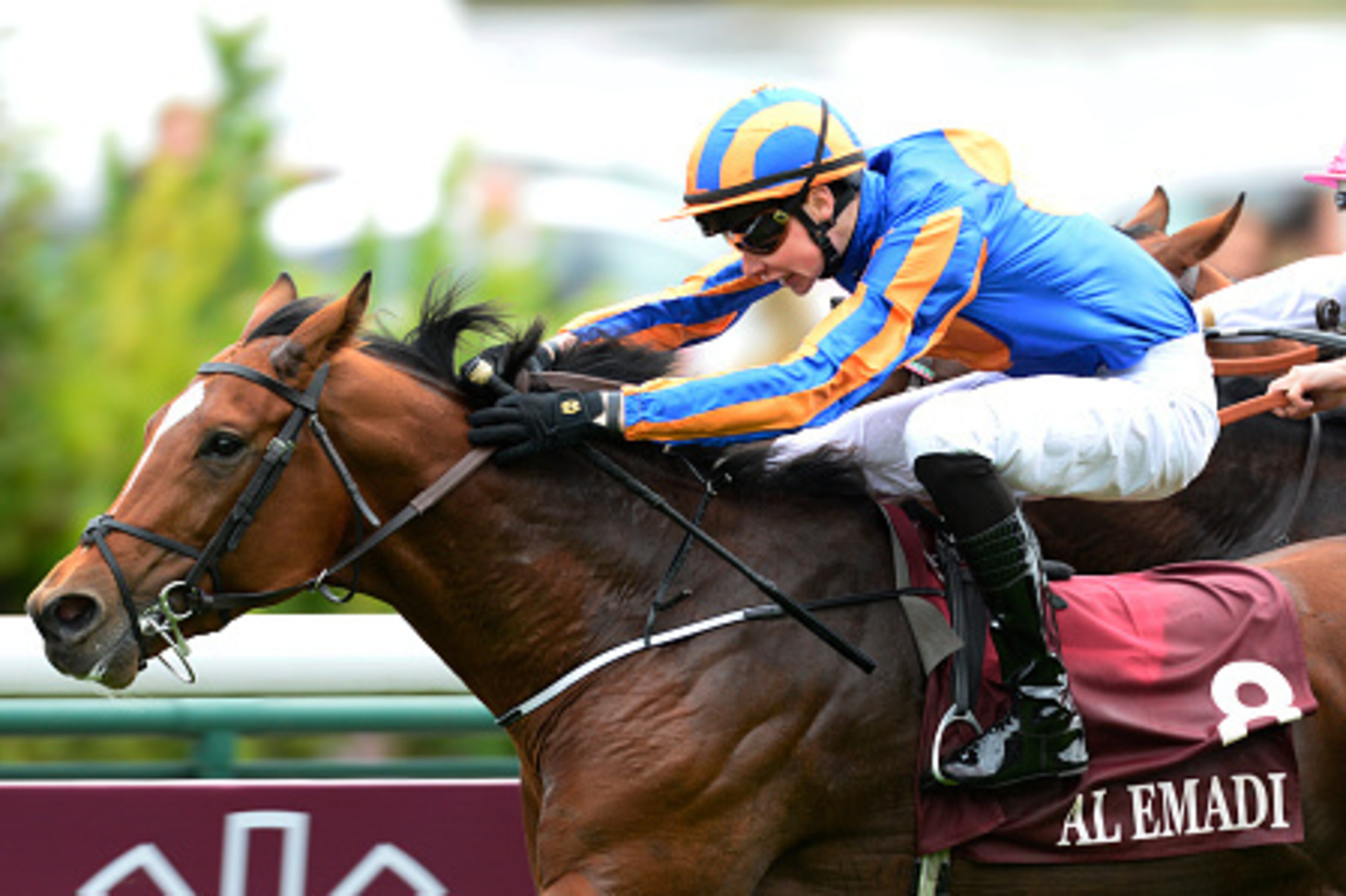 PARIS, FRANCE - OCTOBER 05:  Joseph O'Brien riding Gleneagles (L) first past the post first but is disqualified and the win given to Thierry Thulliez riding Full Mast (pink cap) at The Qatar Prix Jean-Luc Lagardere at Longchamp racecourse on October 05, 2