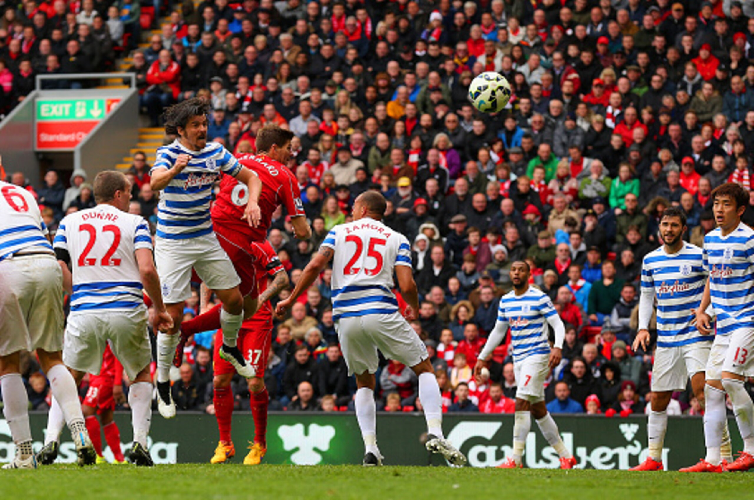LIVERPOOL, ENGLAND - MAY 02:  Steven Gerrard of Liverpool scores with a header during the Barclays Premier League match between Liverpool and Queens Park Rangers at Anfield on May 2, 2015 in Liverpool, England.  (Photo by Alex Livesey/Getty Images)