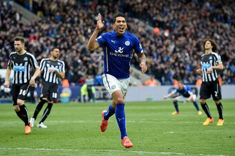 LEICESTER, ENGLAND - MAY 02:  Leonardo Ulloa of Leicester City celebrates after he scores from the penalty spot during the Barclays Premier League match between Leicester City and Newcastle United at The King Power Stadium on May 2, 2015 in Leicester, Eng