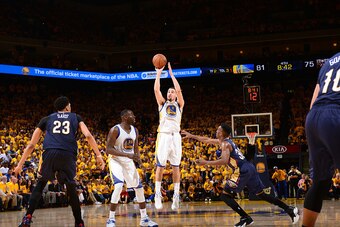 OAKLAND, CA - APRIL 20: Klay Thompson #11 of the Golden State Warriors shoots against the New Orleans Pelicans on Game Two of the Western Conference Quarterfinals during the NBA Playoffs on April 20, 2015 at Oracle Arena in Oakland, California. NOTE TO US