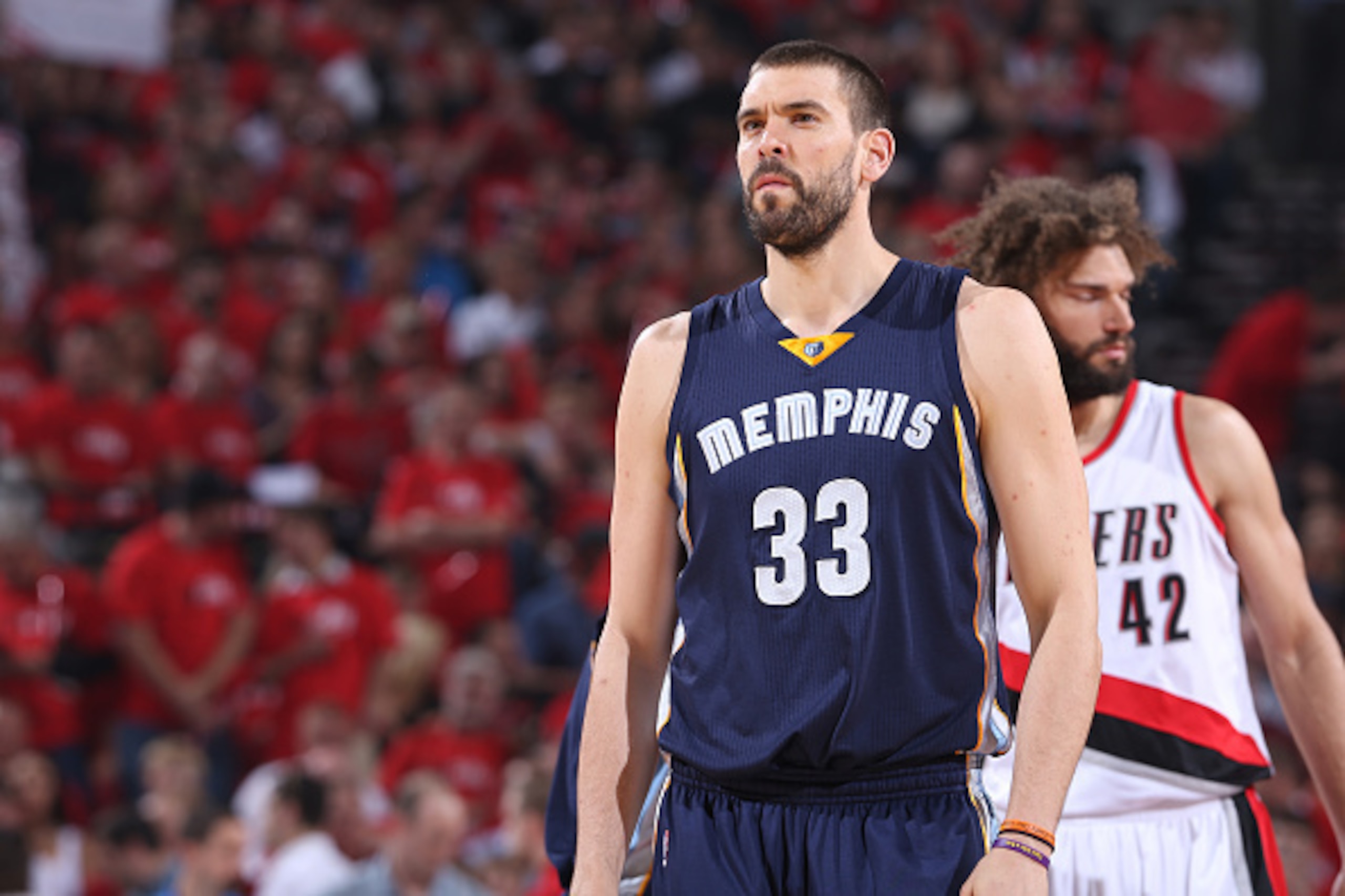 PORTLAND, OR - APRIL 27:  A close up shot of Marc Gasol #33 of the Memphis Grizzlies against the Portland Trail Blazers in Game Four of the Western Conference Quarterfinals during the 2015 NBA Playoffs on April 27, 2015 at the Moda Center in Portland, Ore