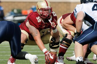 Sep 20, 2014; Boston, MA, USA; Boston College center Andy Gallik (59) during their game against Maine at Alumni Stadium. Mandatory Credit: Winslow Townson-USA TODAY Sports