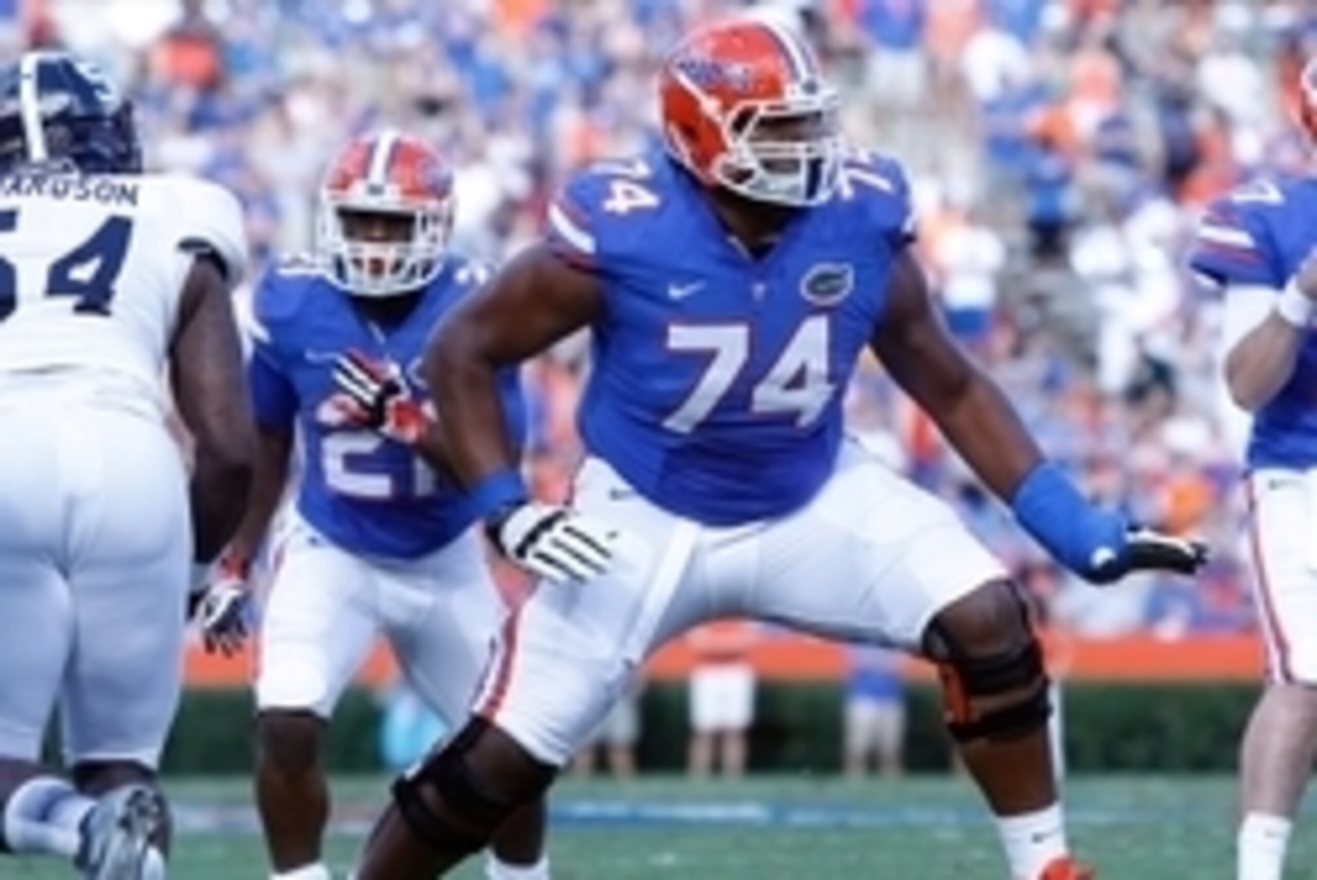 Nov 23, 2013; Gainesville, FL, USA; Florida Gators offensive linesman Trenton Brown (74) blocks against the Georgia Southern Eagles during the first quarter at Ben Hill Griffin Stadium. Mandatory Credit: Kim Klement-USA TODAY Sports Nov 23, 2013; Gainesville, FL, USA; Florida Gators offensive linesman Trenton Brown (74) blocks against the Georgia Southern Eagles during the first quarter at Ben Hill Griffin Stadium. Mandatory Credit: Kim Klement-USA TODAY Sports