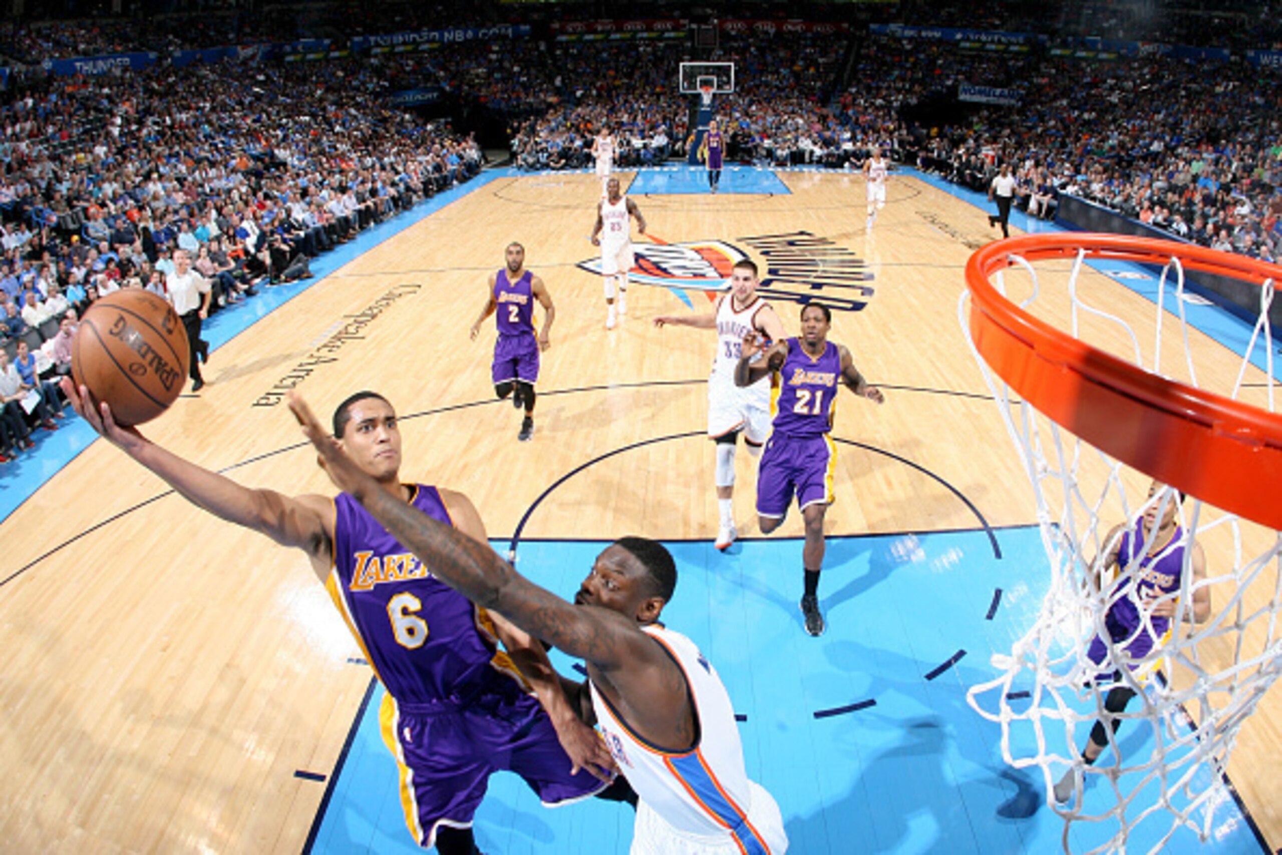 OKLAHOMA CITY, OK - MARCH 24:  Jordan Clarkson #6 of the Los Angeles Lakers shoots the ball against the Oklahoma City Thunder on March 24, 2015 at the Chesapeake Energy Arena in Oklahoma City, Oklahoma. NOTE TO USER: User expressly acknowledges and agrees