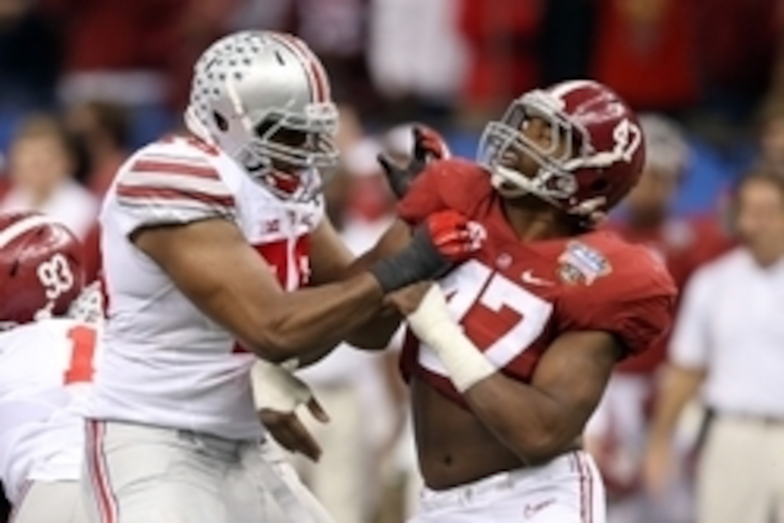 Jan 1, 2015; New Orleans, LA, USA; Ohio State Buckeyes offensive lineman Demetrius Knox (78) blocks Alabama Crimson Tide linebacker Xzavier Dickson (47) in the third quarter of the 2015 Sugar Bowl at Mercedes-Benz Superdome. Mandatory Credit: Chuck Cook-U