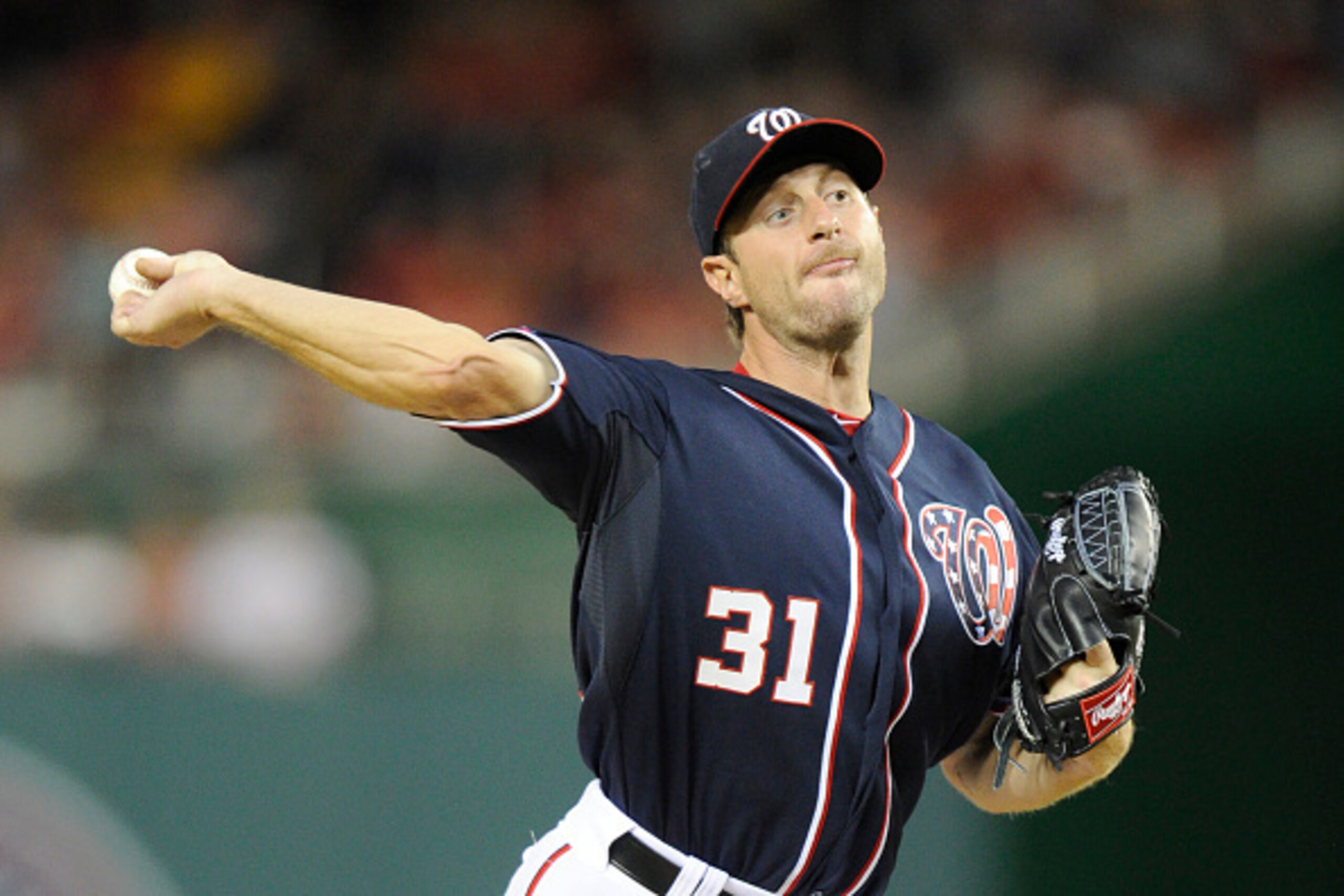 WASHINGTON, DC - APRIL 17:  Max Scherzer #31 of the Washington Nationals pitches in the third innings during a baseball game against the Philadelphia Phillies at Nationals Park on April 17, 2015 in Washington, DC.  The Nationals won 7-2.  (Photo by Mitche