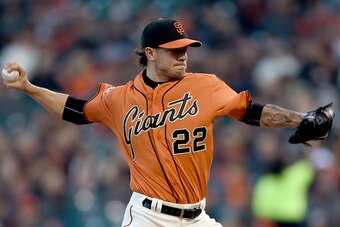 SAN FRANCISCO, CA - APRIL 17: Jake Peavy #22 of the San Francisco Giants pitches against the Arizona Diamondbacks in the top of the first inning at AT&T Park on April 17, 2015 in San Francisco, California. (Photo by Thearon W. Henderson/Getty Images)