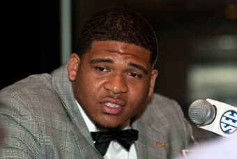 Jul 16, 2014; Hoover, AL, USA; LSU Tigers tackle La'el Collins talks to the media during the SEC Football Media Days at the Wynfrey Hotel. Mandatory Credit: Marvin Gentry-USA TODAY Sports