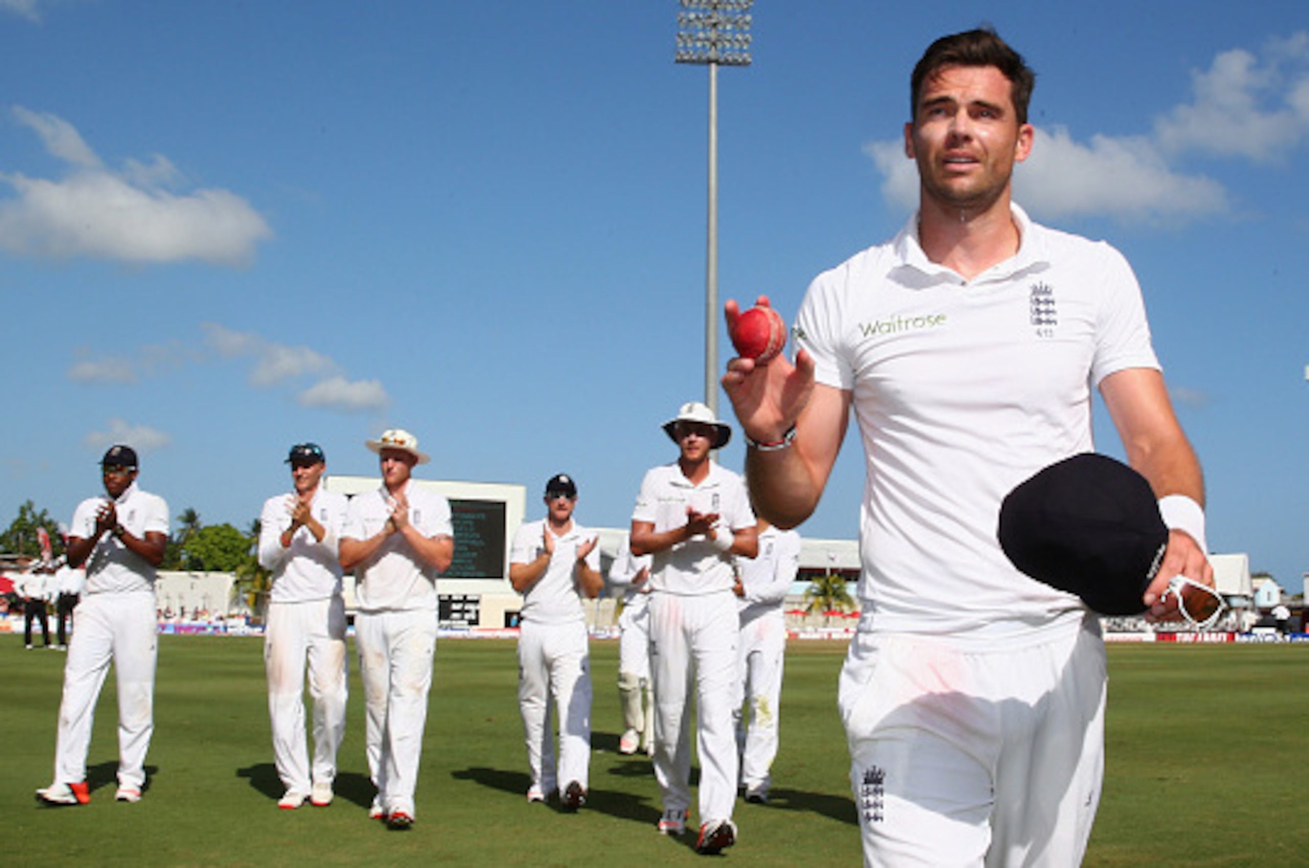 BRIDGETOWN, BARBADOS - MAY 02:  James Anderson of England with figures of 6 for 42 acknowledges the crowds applause during day two of the 3rd Test match between West Indies and England at Kensington Oval on May 2, 2015 in Bridgetown, Barbados.  (Photo by 