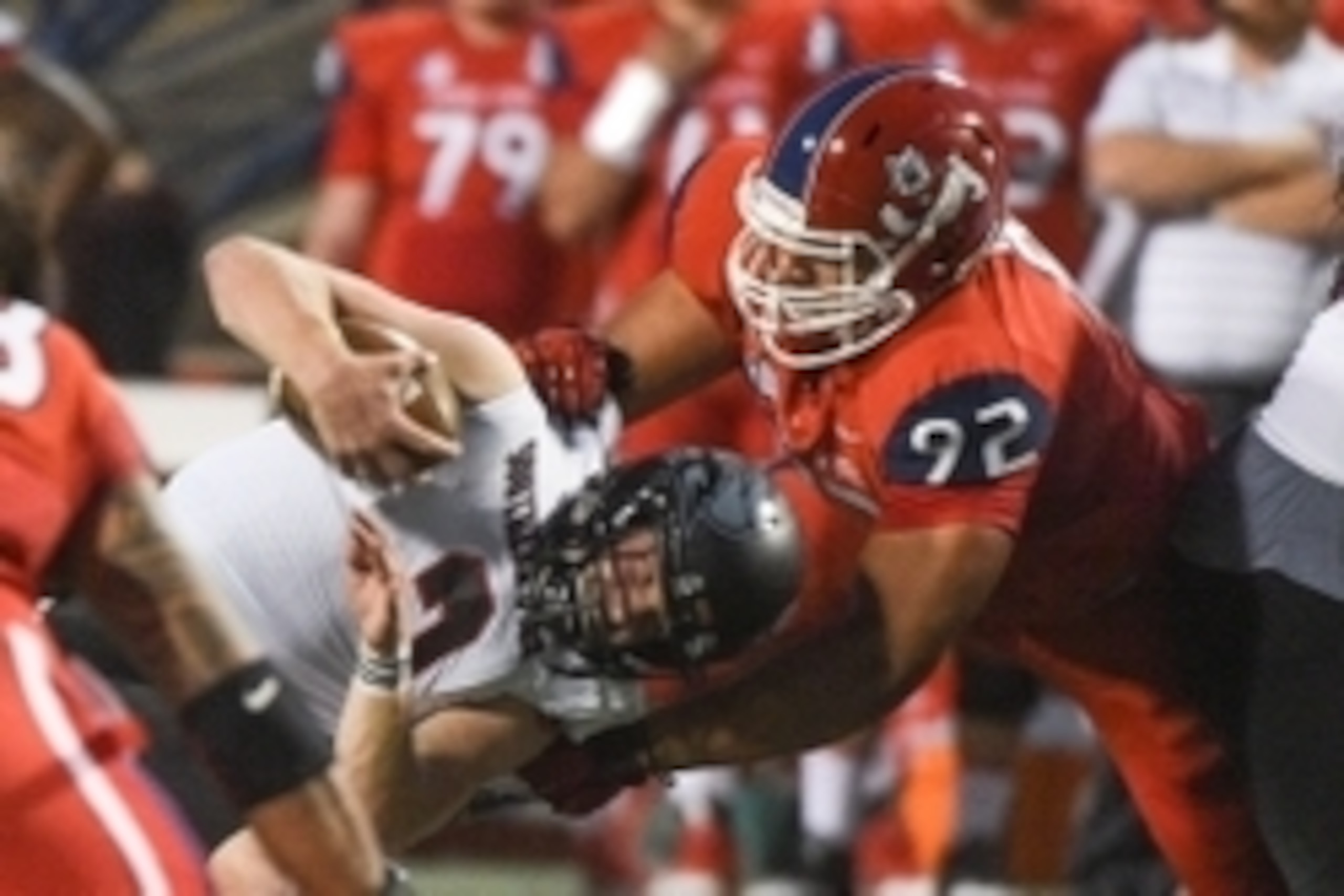 September 20, 2014; Fresno, CA, USA; Fresno State Bulldogs defensive lineman Tyeler Davison (92) sacks Southern Utah Thunderbirds quarterback Ammon Olsen (2) during the first half at Bulldog Stadium. Mandatory Credit: Kyle Terada-USA TODAY Sports