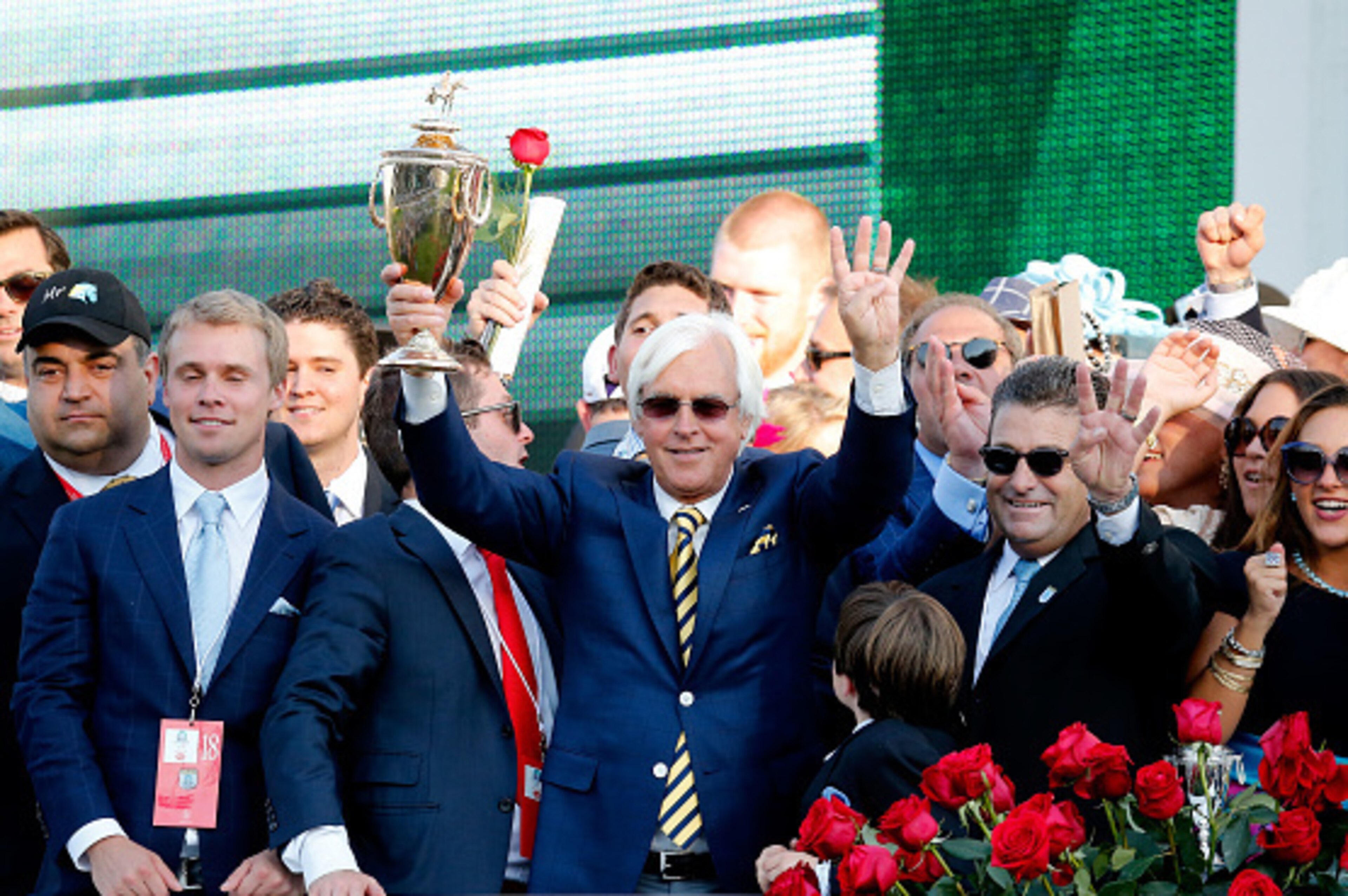 LOUISVILLE, KY - MAY 02: Trainer Bob Baffert of American Pharoah #18 celebrates with the trophy in winners circle after winning the 141st running of the Kentucky Derby at Churchill Downs on May 2, 2015 in Louisville, Kentucky. (Photo by Rob Carr/Getty I LOUISVILLE, KY - MAY 02: Trainer Bob Baffert of American Pharoah #18 celebrates with the trophy in winners circle after winning the 141st running of the Kentucky Derby at Churchill Downs on May 2, 2015 in Louisville, Kentucky. (Photo by Rob Carr/Getty I