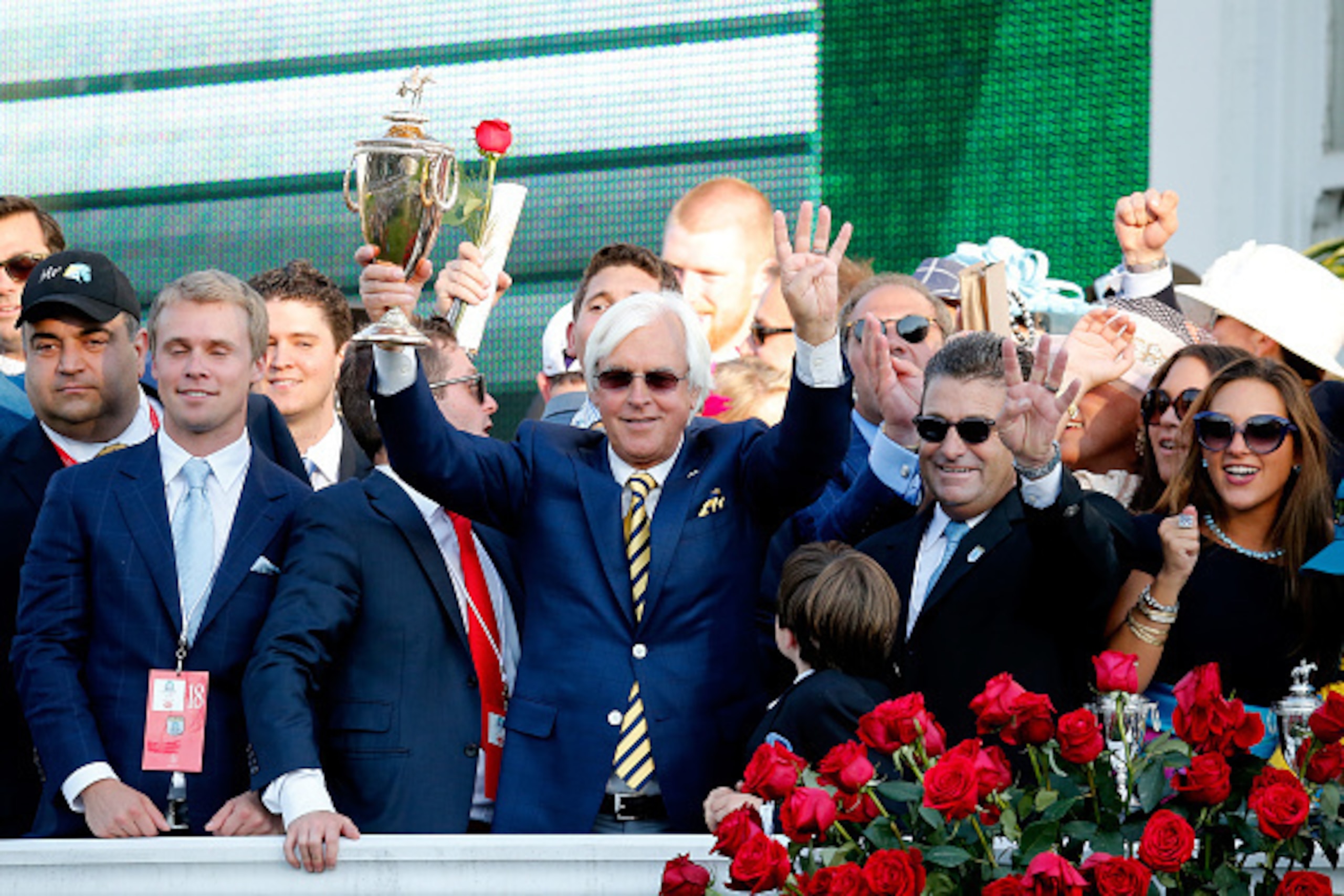 LOUISVILLE, KY - MAY 02:  Trainer Bob Baffert of American Pharoah #18 celebrates with the trophy in winners circle after winning the 141st running of the Kentucky Derby at Churchill Downs on May 2, 2015 in Louisville, Kentucky.  (Photo by Rob Carr/Getty I