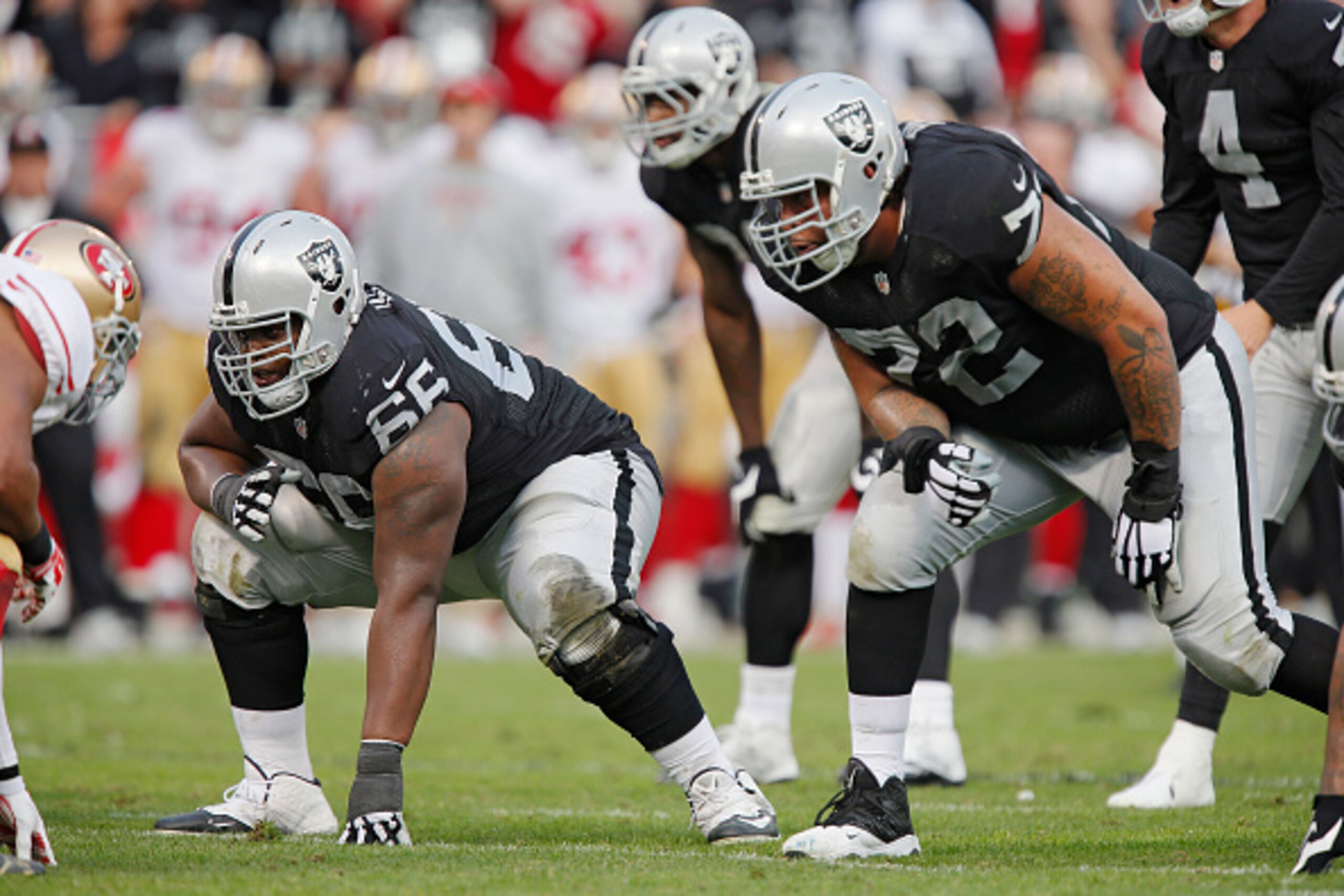 OAKLAND, CA - DECEMBER 7: Guard Gabe Jackson #66 and tackle Donald Penn #72 of the Oakland Raiders prepare to block on a play against the San Francisco 49ers in the fourth quarter on December 7, 2014 at O.co Coliseum in Oakland, California. The Raiders OAKLAND, CA - DECEMBER 7: Guard Gabe Jackson #66 and tackle Donald Penn #72 of the Oakland Raiders prepare to block on a play against the San Francisco 49ers in the fourth quarter on December 7, 2014 at O.co Coliseum in Oakland, California. The Raiders
