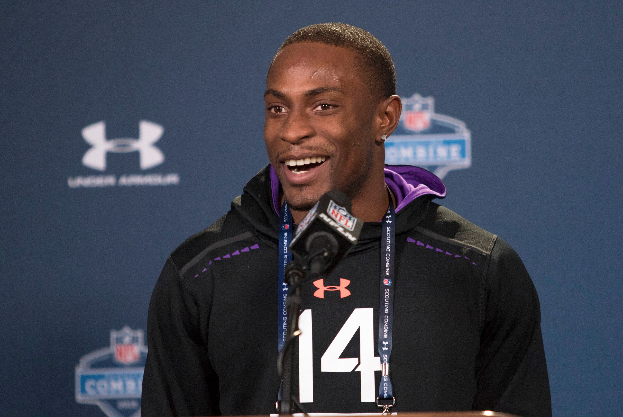 Feb 21, 2015; Indianapolis, IN, USA;  Oregon defensive back Ifo Ekpre-Olomu speaks to the media at the 2015 NFL Combine at Lucas Oil Stadium. Mandatory Credit: Trevor Ruszkowski-USA TODAY Sports
