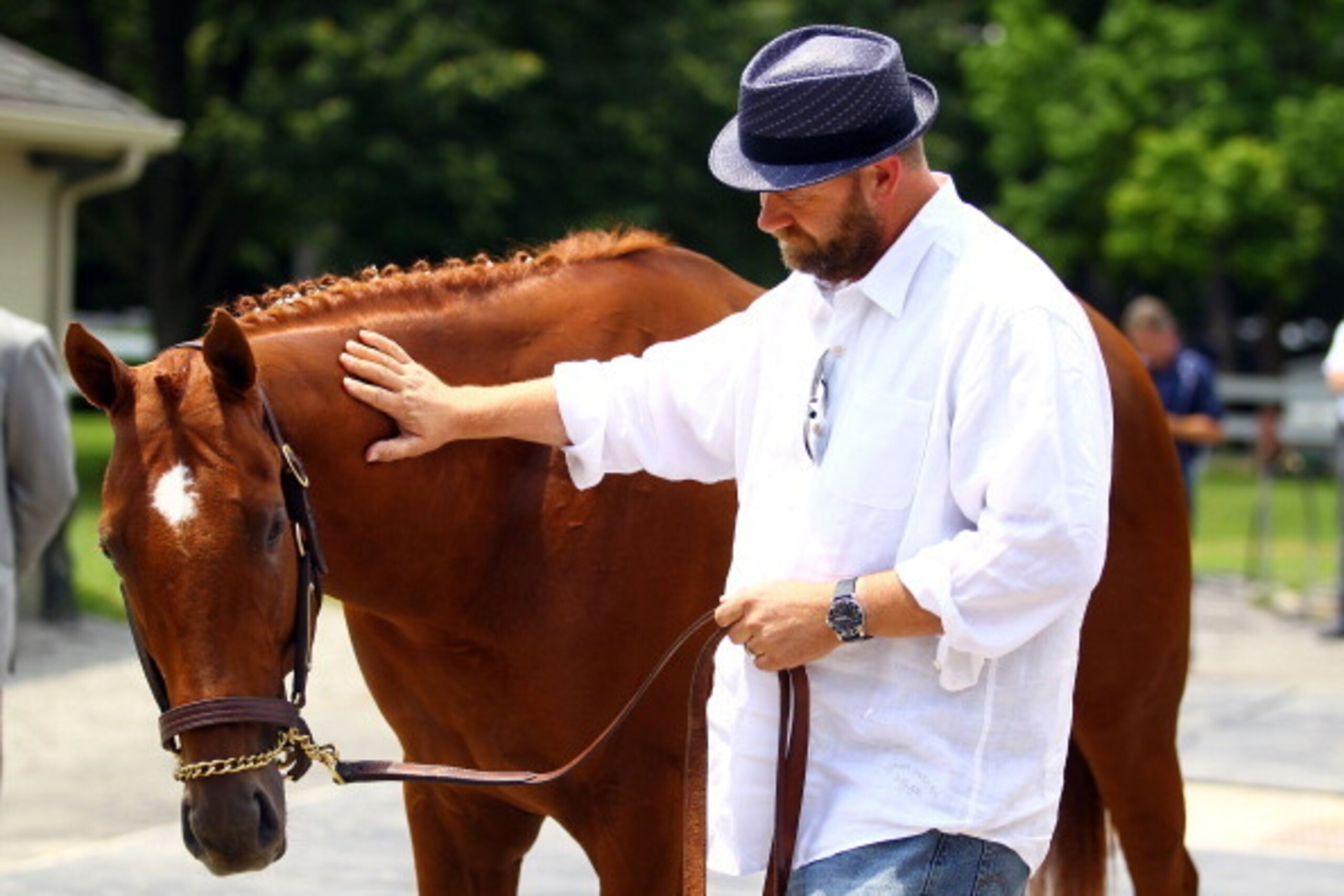 ELMONT, NY - JUNE 08:  Trainer Doug O'Neil pets I'll Have Another during a press conference outside of barn two on June 8, 2012 in Elmont, New York.    It was announced earlier in the day that I'll Have Another has been scratched from the 2012 Belmont Sta